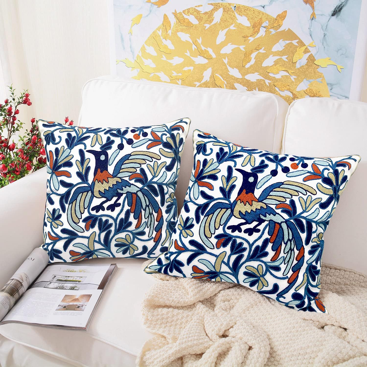 Embroidered Boho Blue Throw Pillow Cover — 18" — Bird Blue