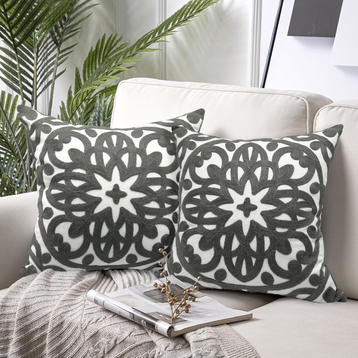 Embroidered Boho Beige Throw Pillow Cover — 12" — Grey