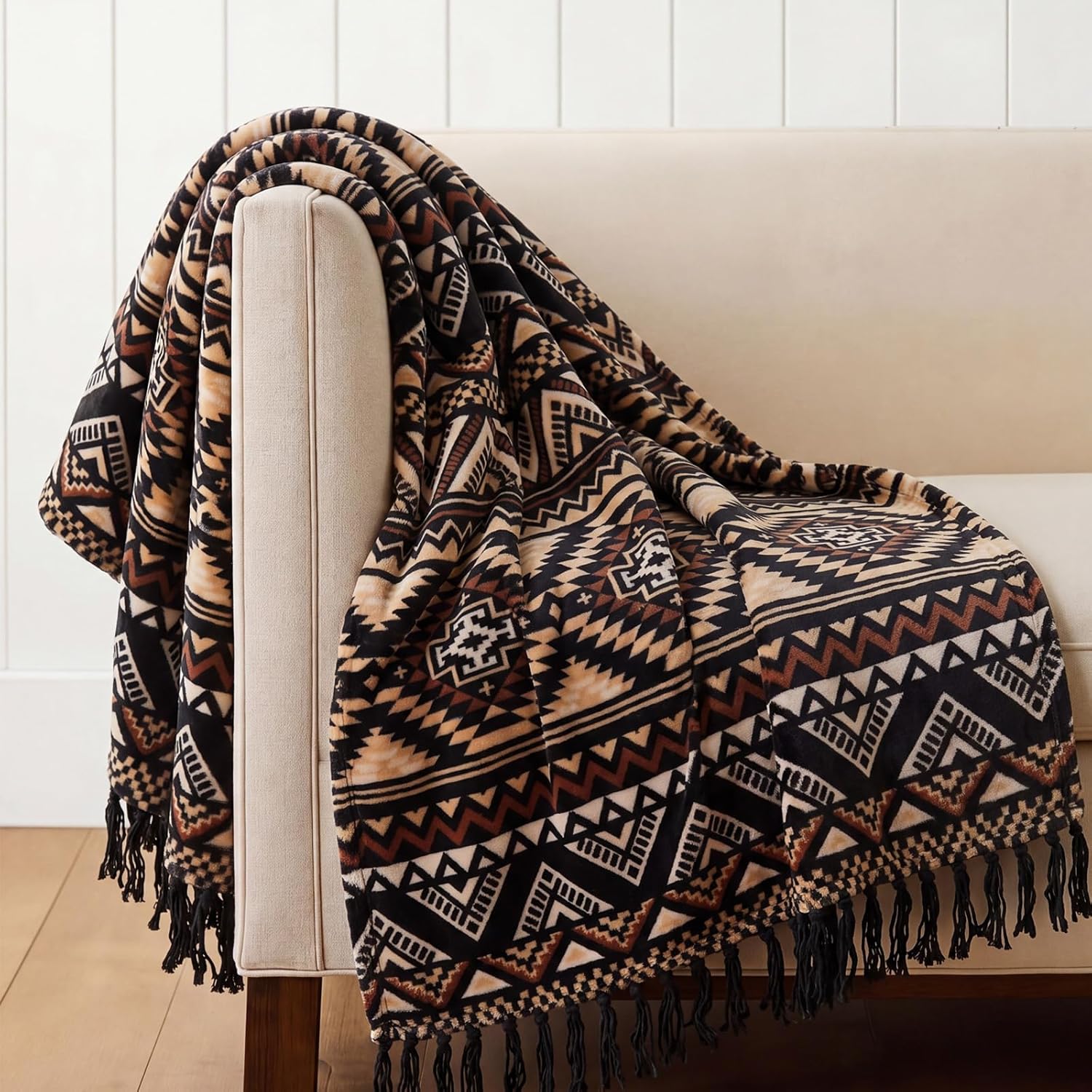 Vintage Boho Beige Throw Pillow — 60" — Brown Black
