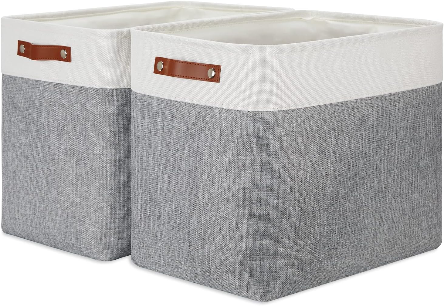 Beige Storage Basket — 17" — White&Grey-Leather Handles