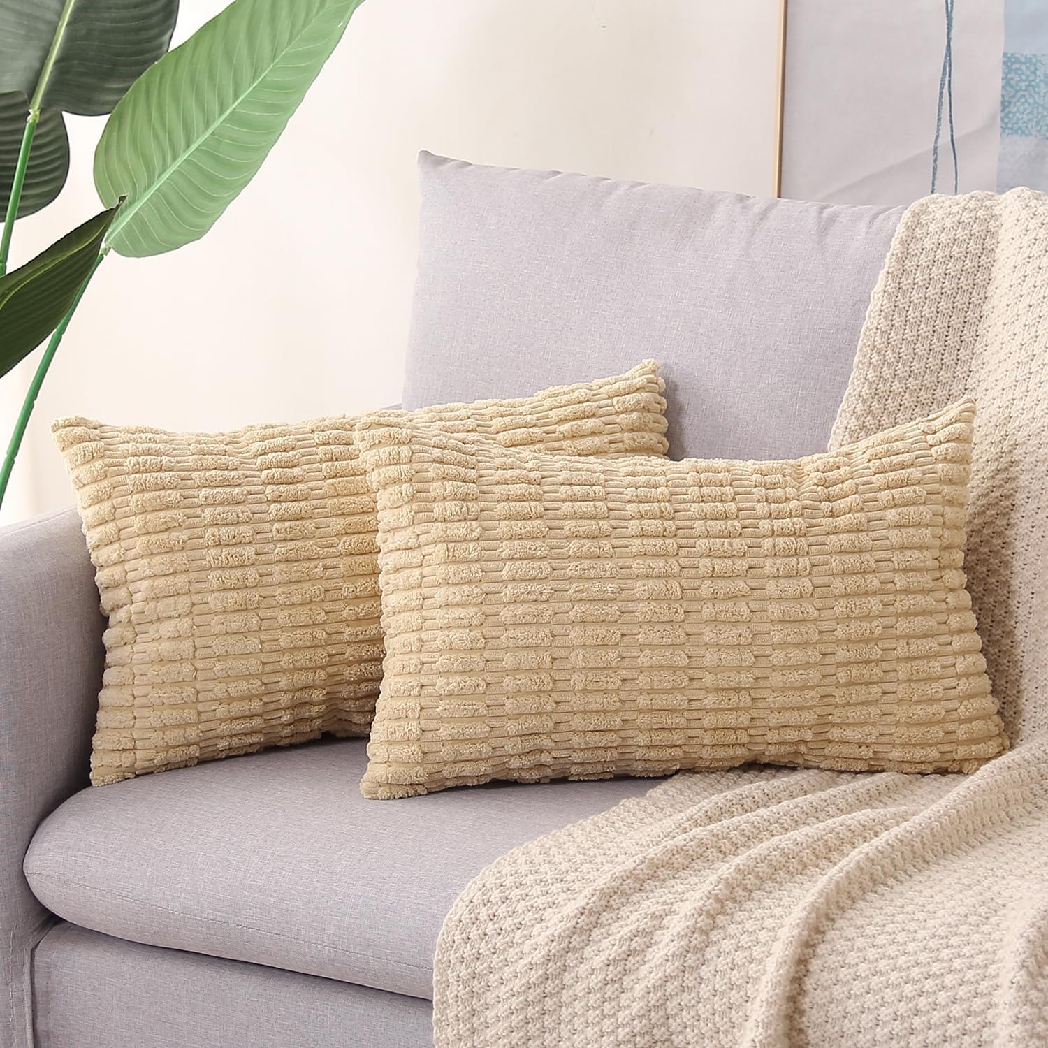 Lumbar Boho Beige Throw Pillow Cover — 20" — Beige