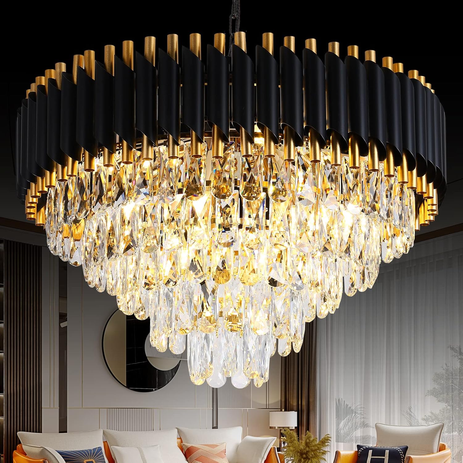Oval Luxe Black Chandelier — 8-Light — Black and Gold