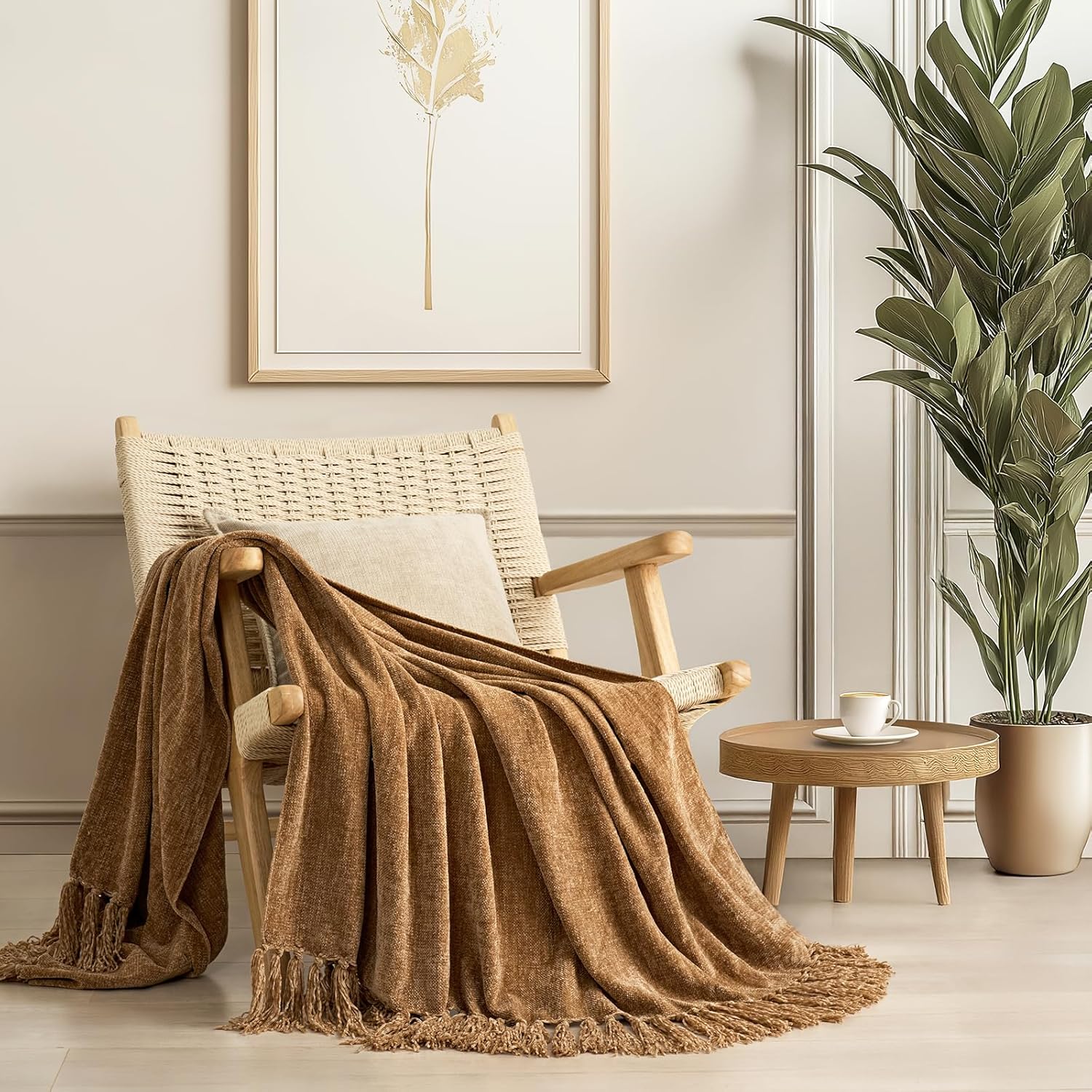 Knit Boho Beige Throw Pillow — 50" — Warm Beige