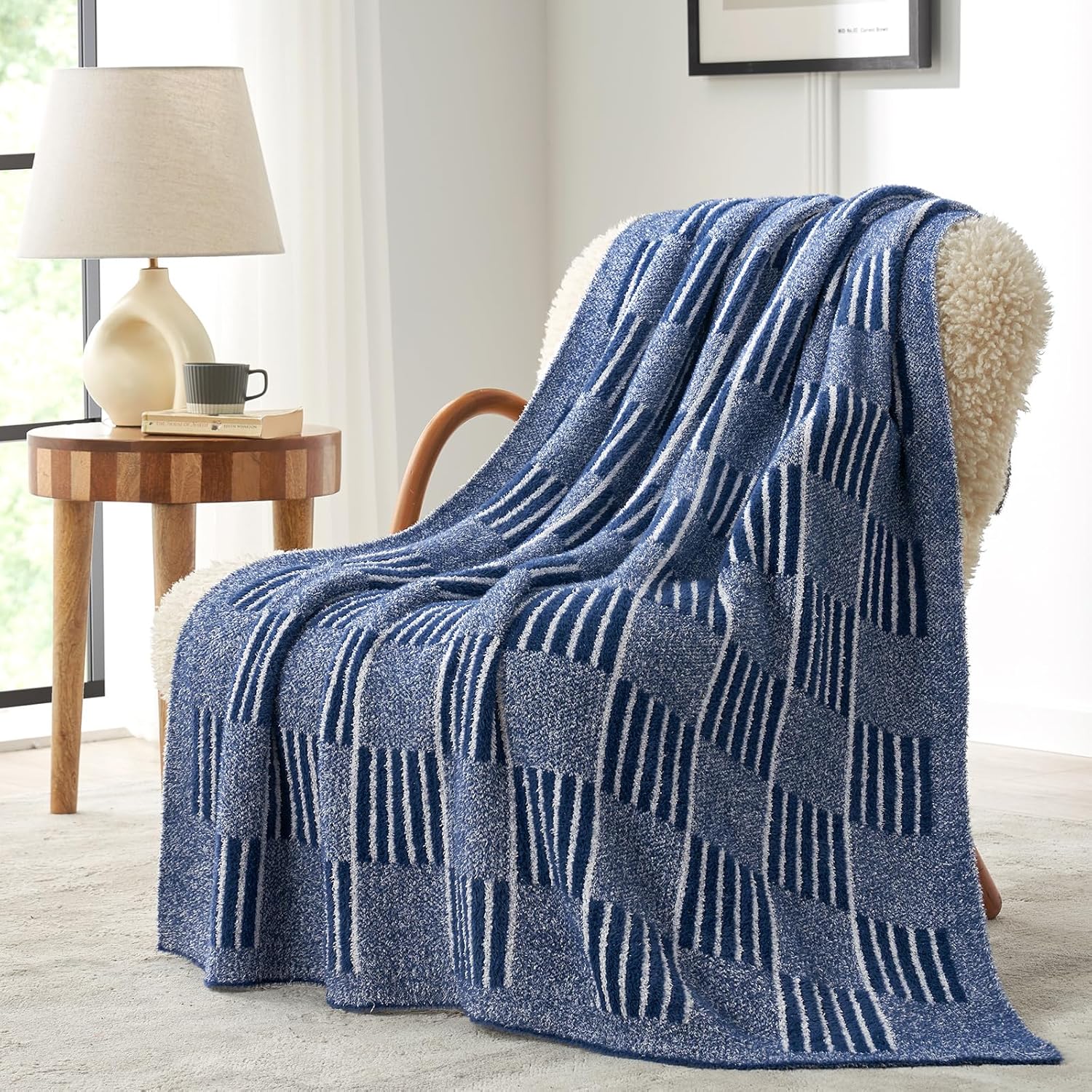 Knit Beige Throw Pillow — 50" — Heather Navy