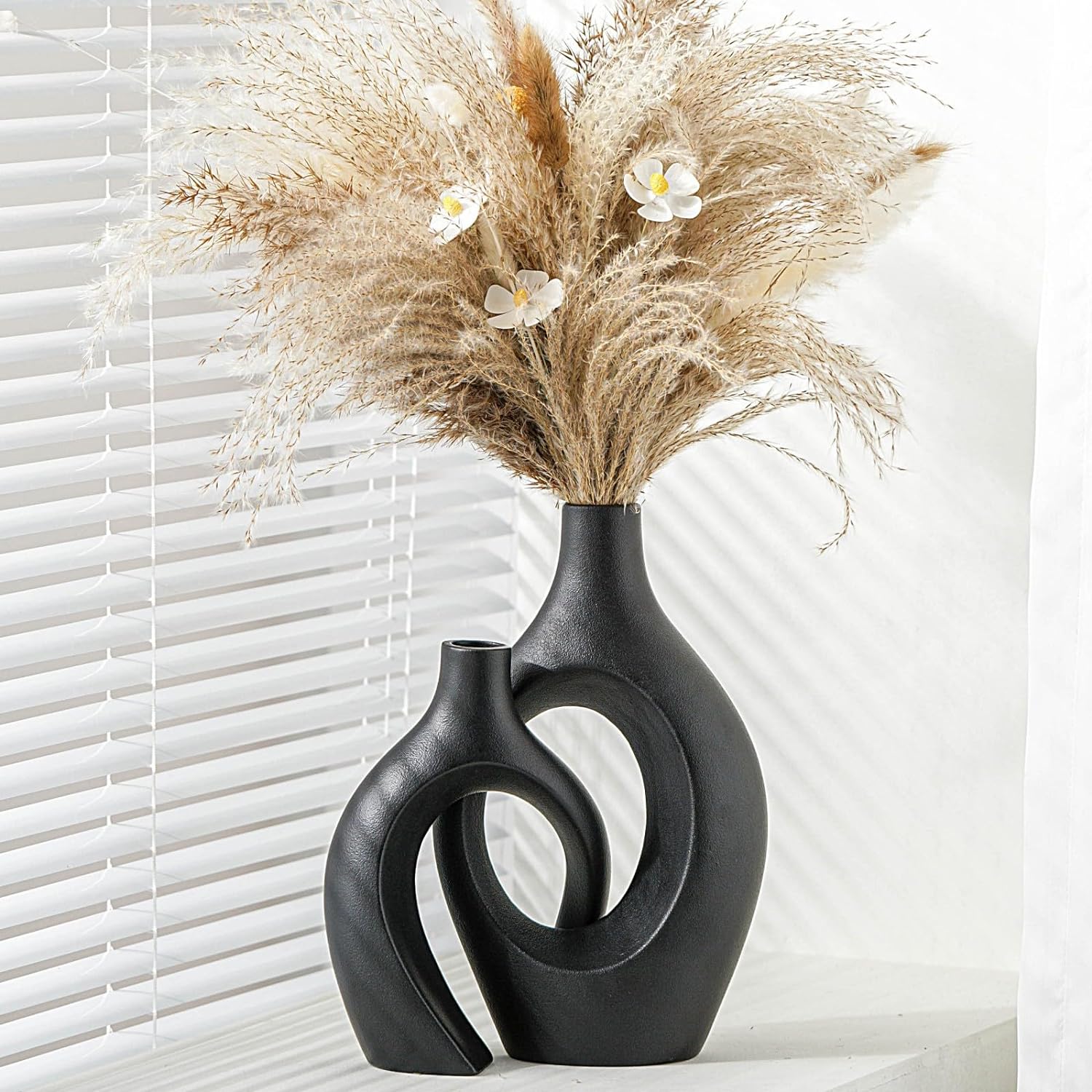 Round Boho Beige Vase Set — Set of 2 — Black - Xl Round