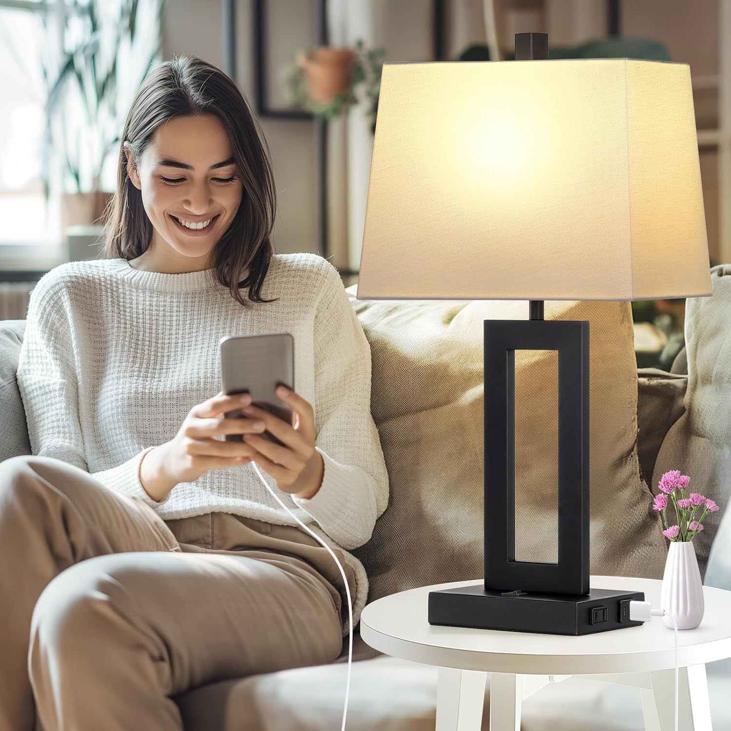 USB Modern Black Bedside Lamp — Set of 2 - View 4