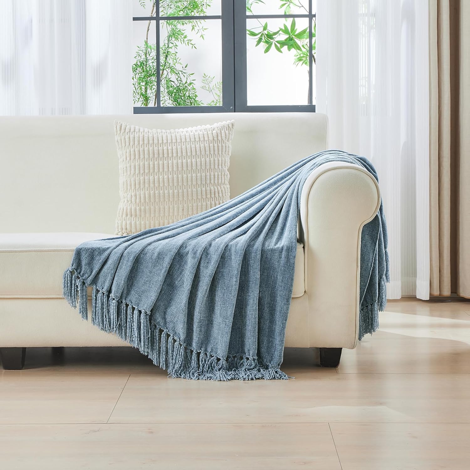 Chenille Boho Beige Throw Pillow — 50" - View 3