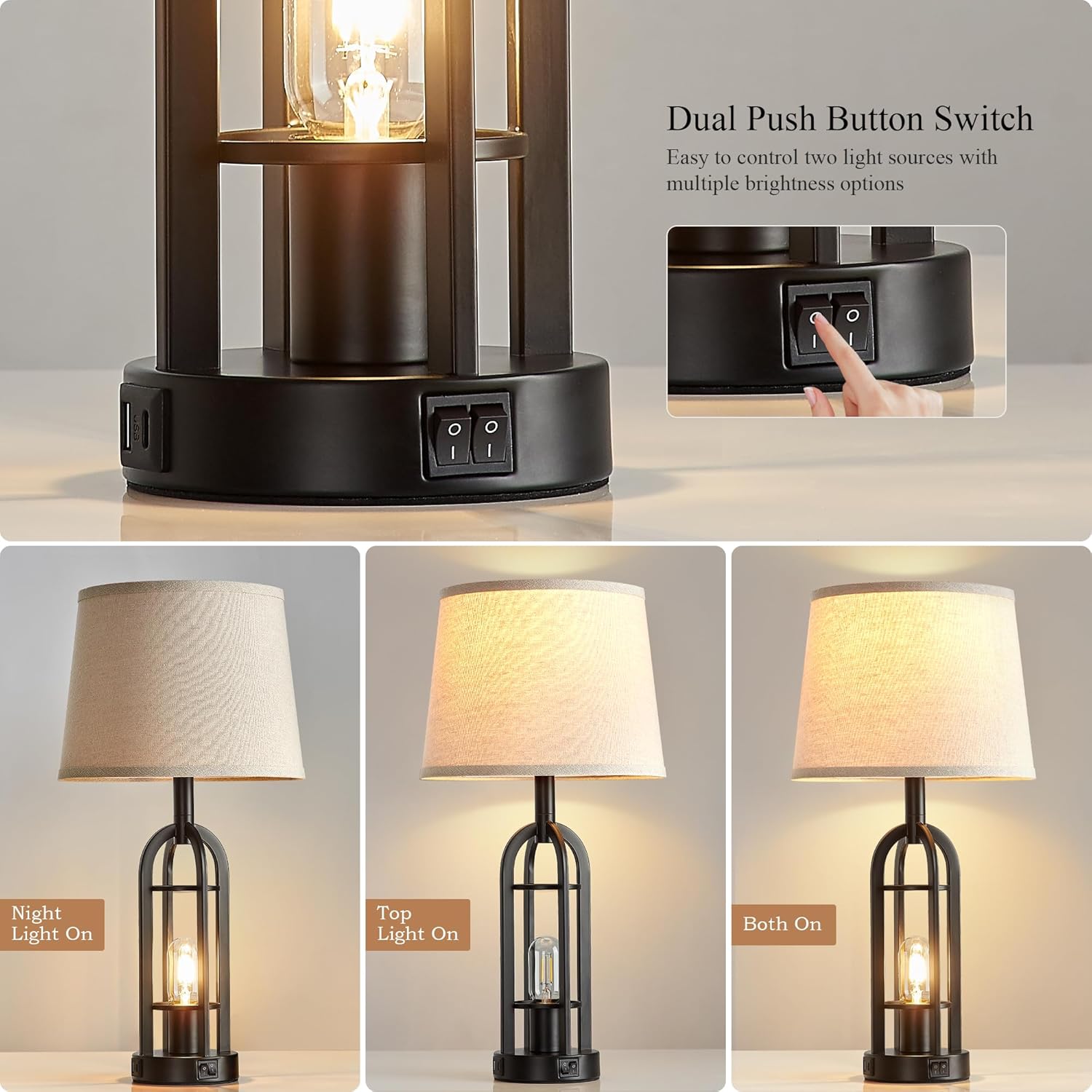 USB Farmhouse Black Bedside Lamp — 24" - View 2