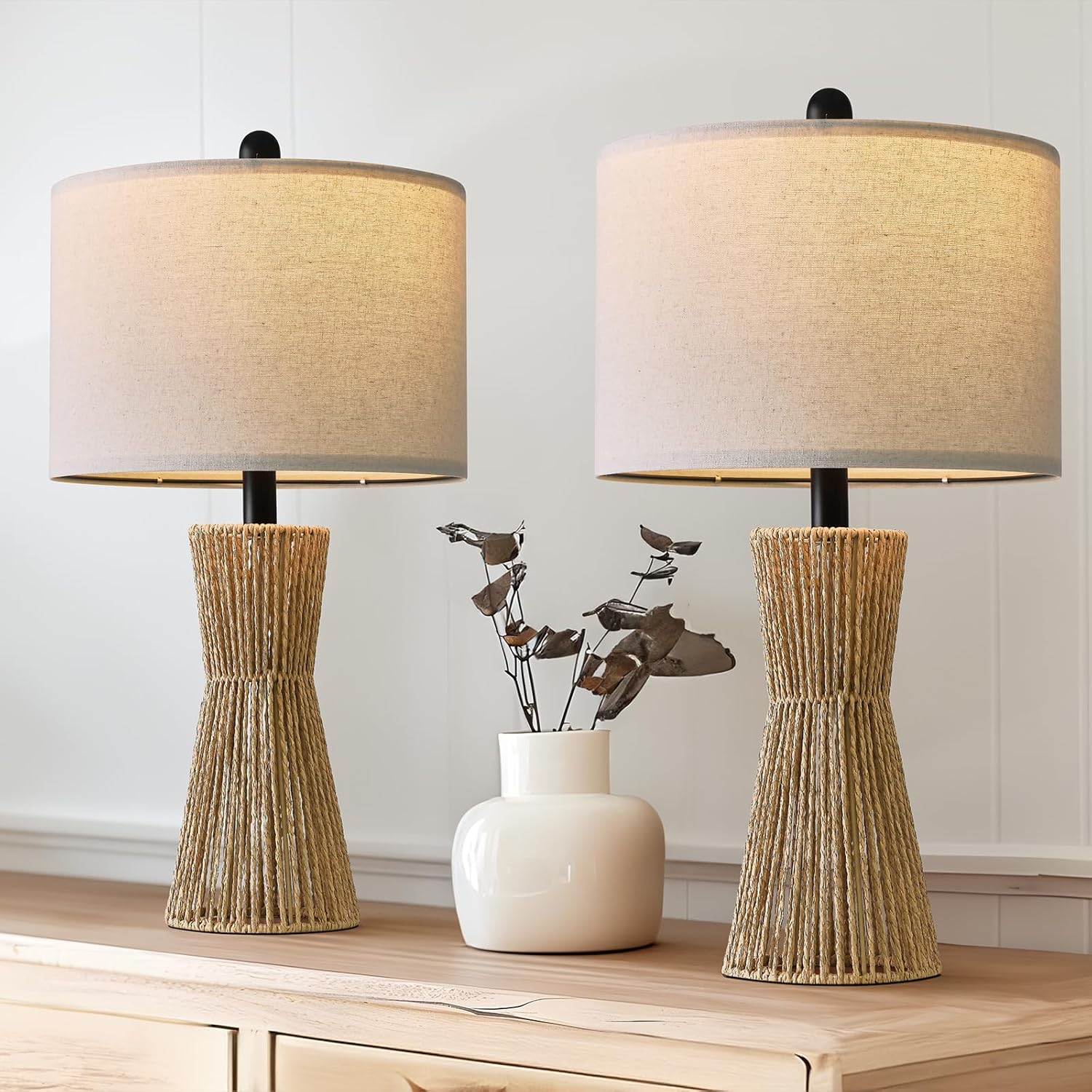 Boho Black Bedside Lamp — 21" — Wood-Grain and Black