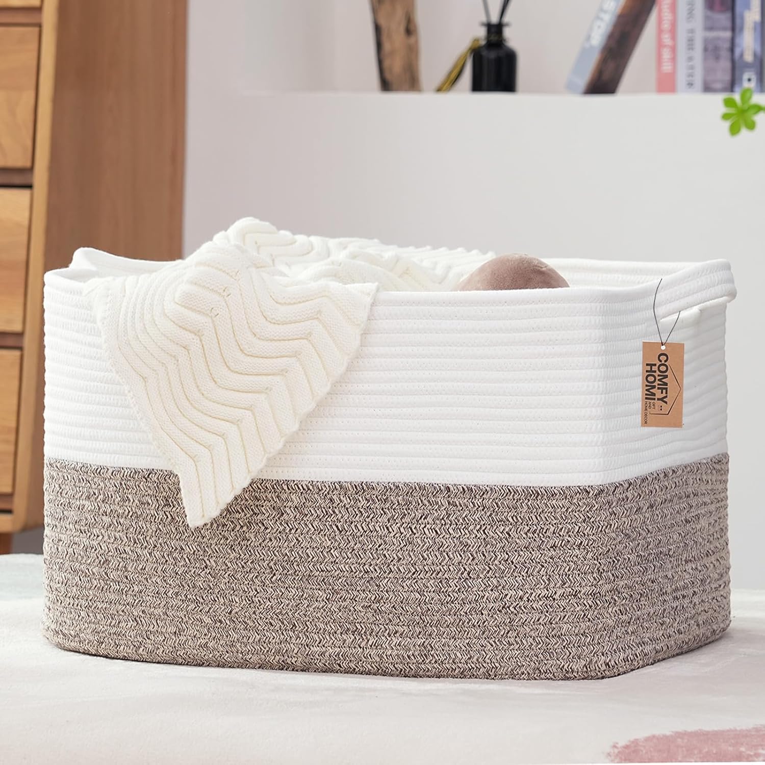 Boho Beige Woven Basket — 13.5" — 22''x15''x12''