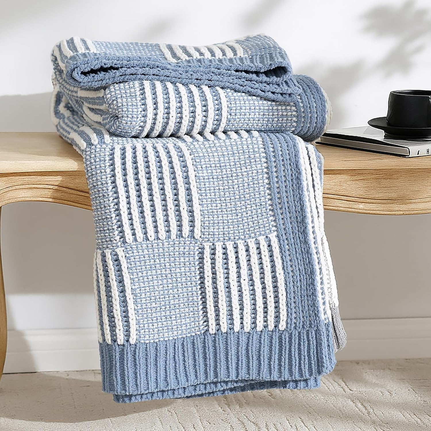 Knit Beige Throw Pillow — 50" — Checkered Blue&ivory