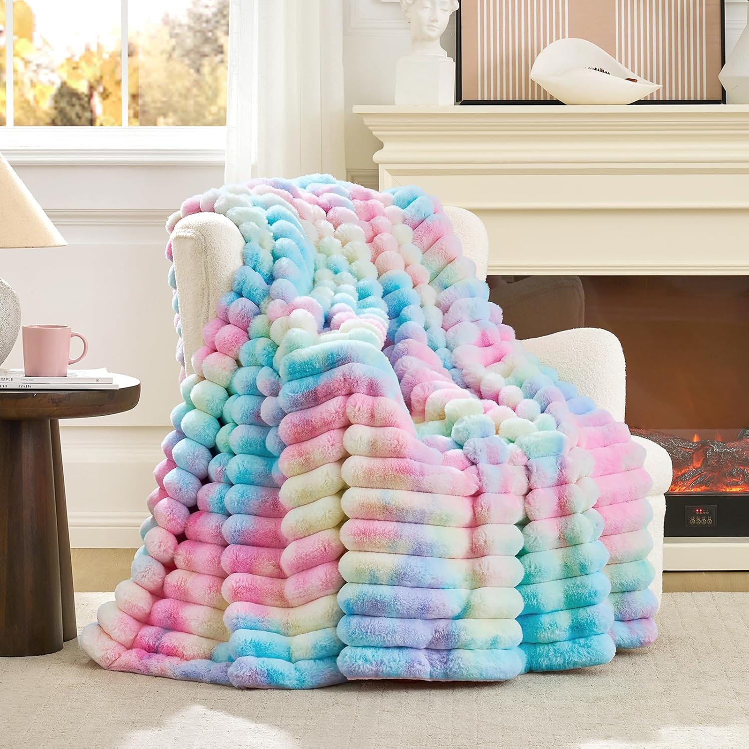 Beige Throw Pillow — 50" — Tie-dye Rainbow