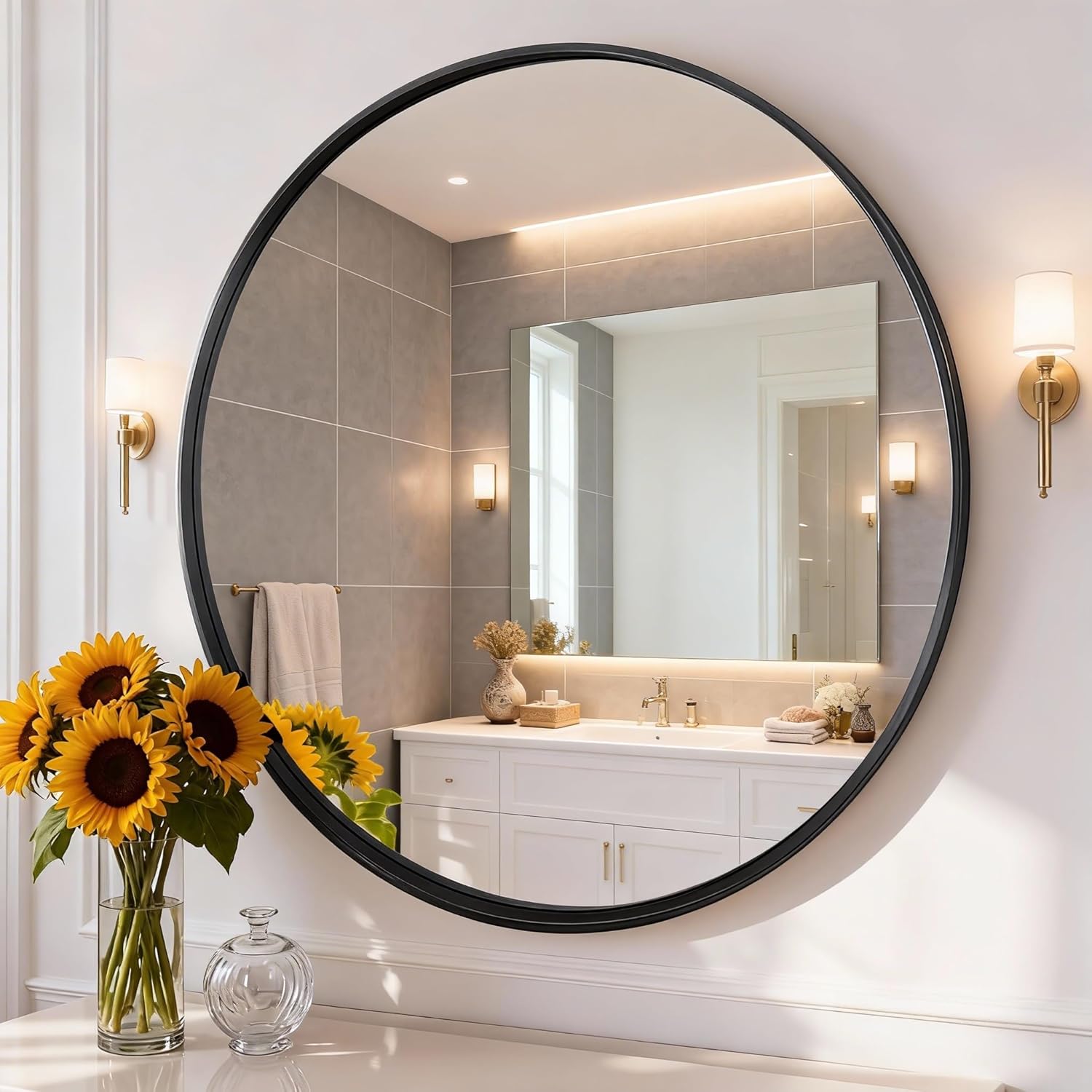 Round Luxe Beige Wall Mirror — 30" — Black-round