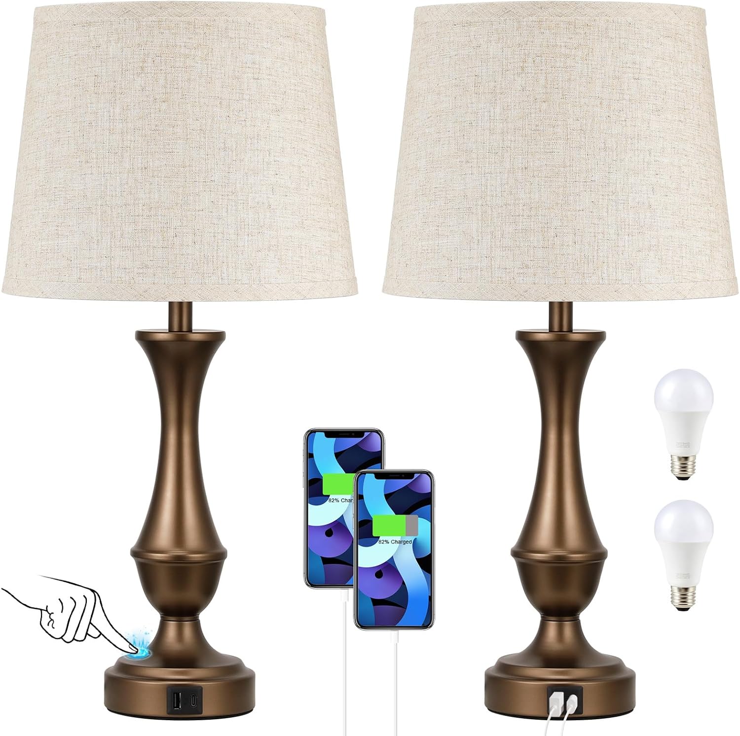 Dimmable Beige Bedside Lamp — Set of 2 - View 8