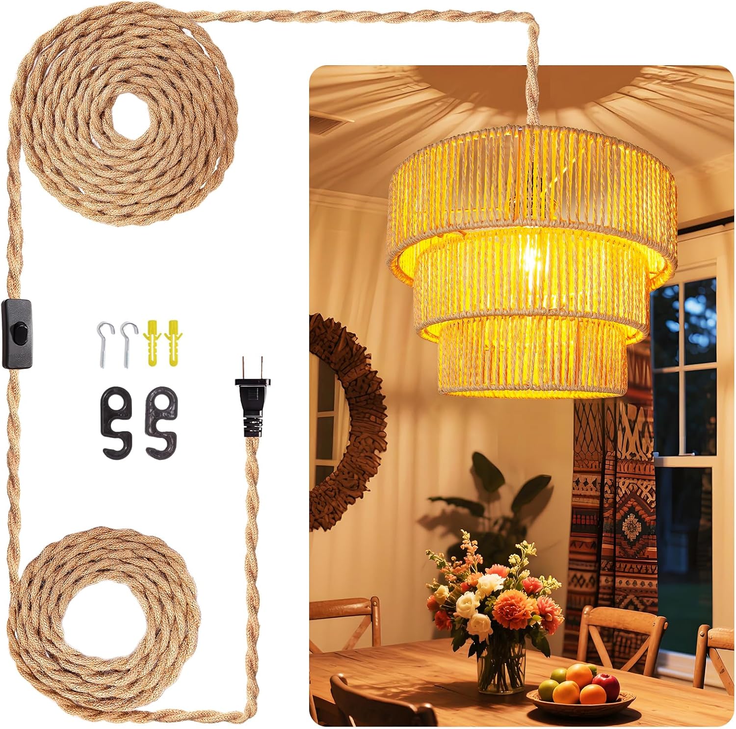 Adjustable Farmhouse Metal Pendant Light — 18" — 12.5 Inch-3-tier Ratan lampshade