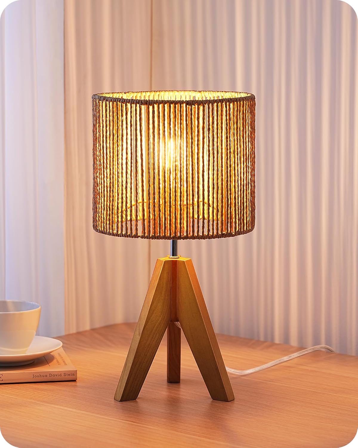 Linen Boho Wood Bedside Lamp — 2" — Vertical Stripes