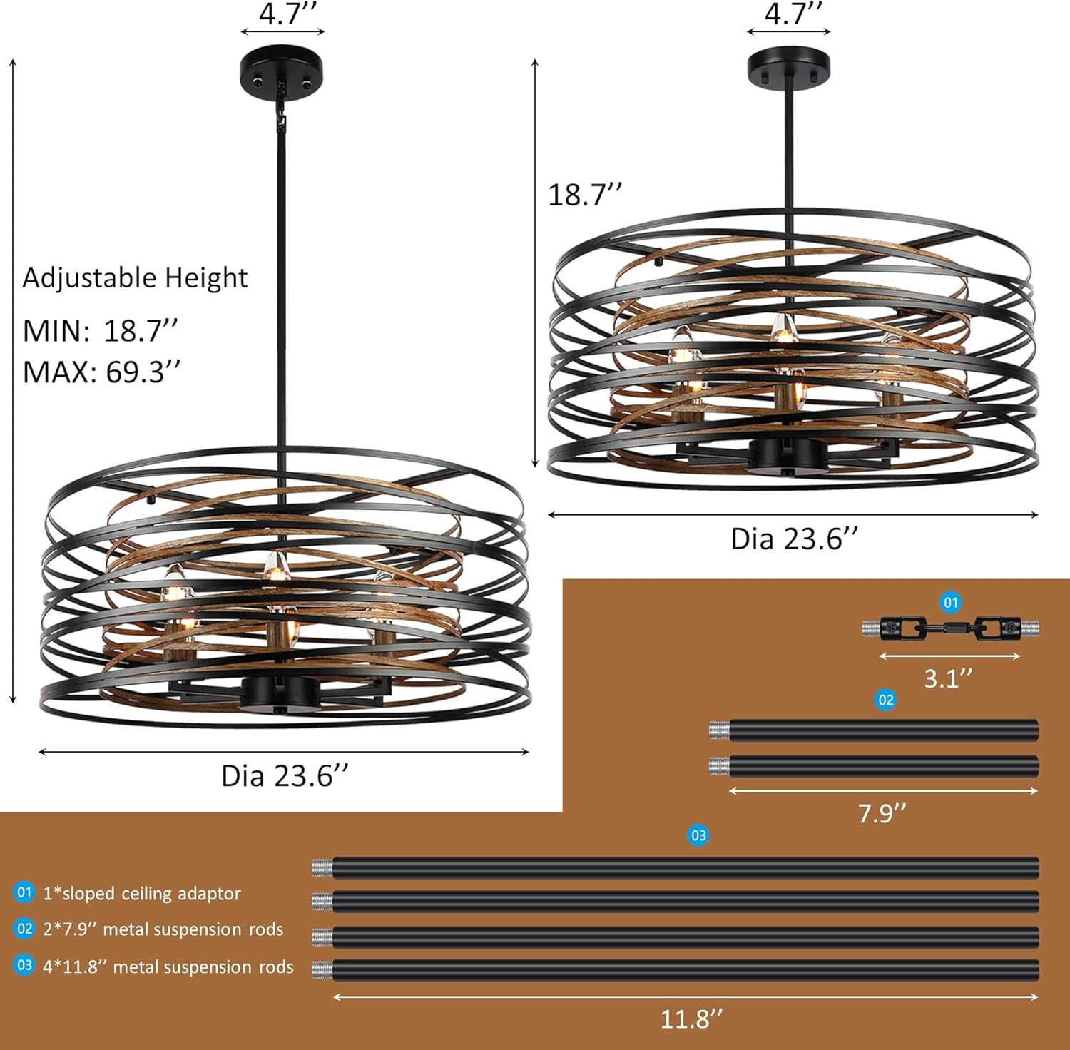 Round Farmhouse Black Chandelier — 6-Light - View 6