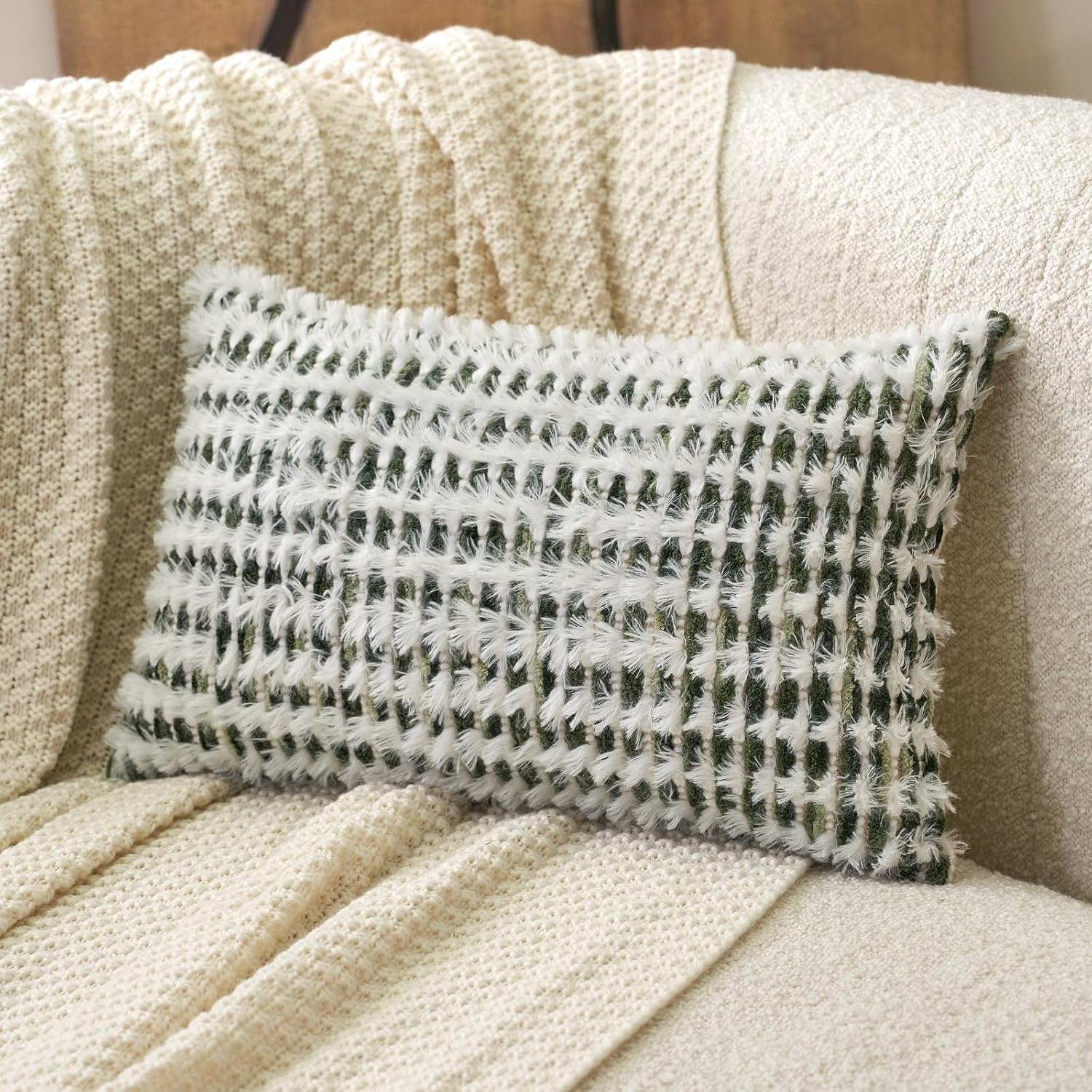 Tufted Boho Black Throw Pillow Cover — 20" — Green White