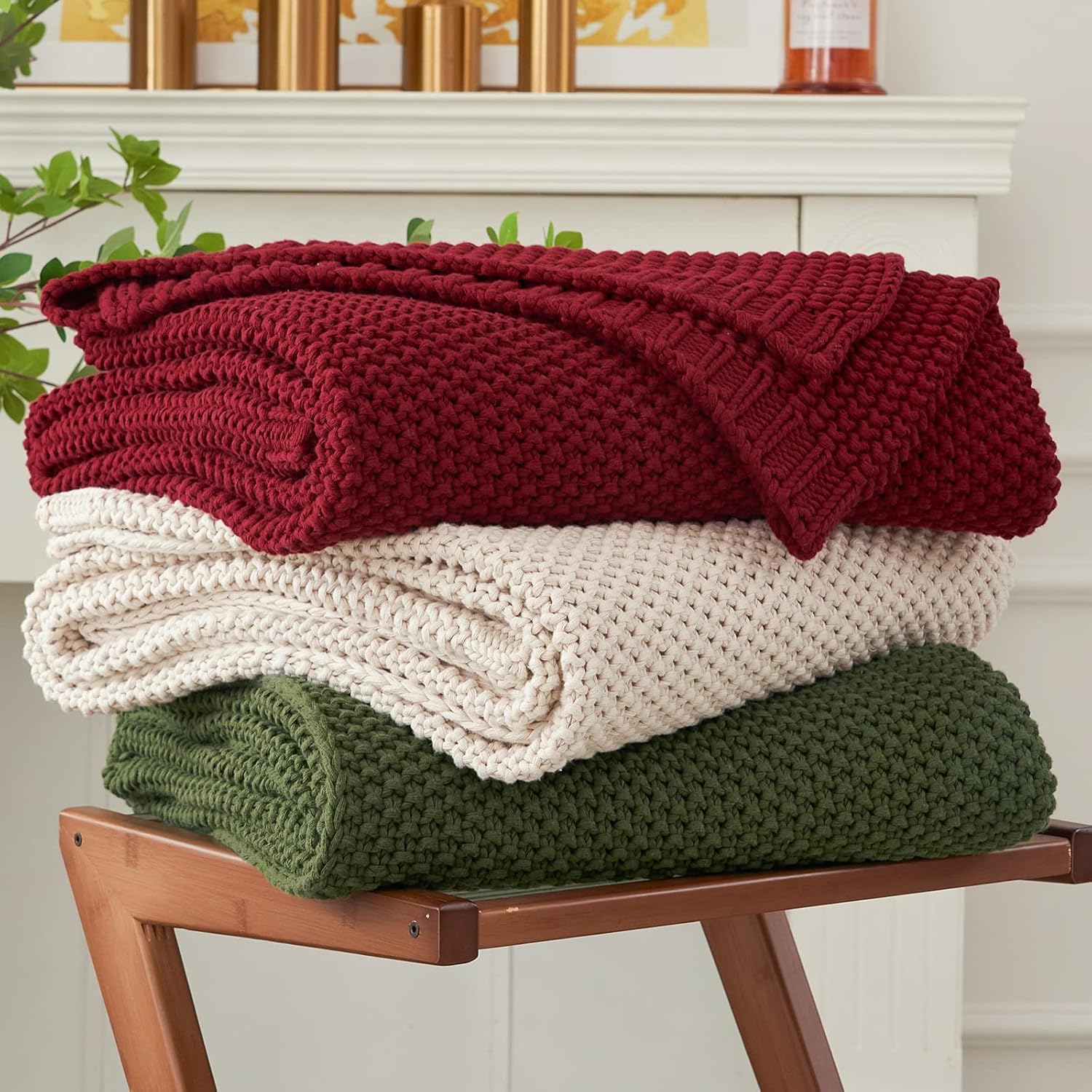 Knit Farmhouse Beige Throw Pillow — 51" — Burgundy