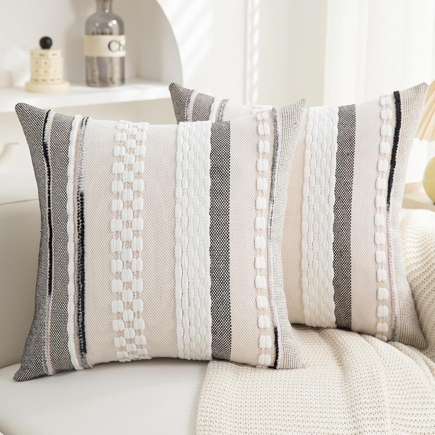 Chenille Boho Black Throw Pillow Cover — 18x18 — White Stripe
