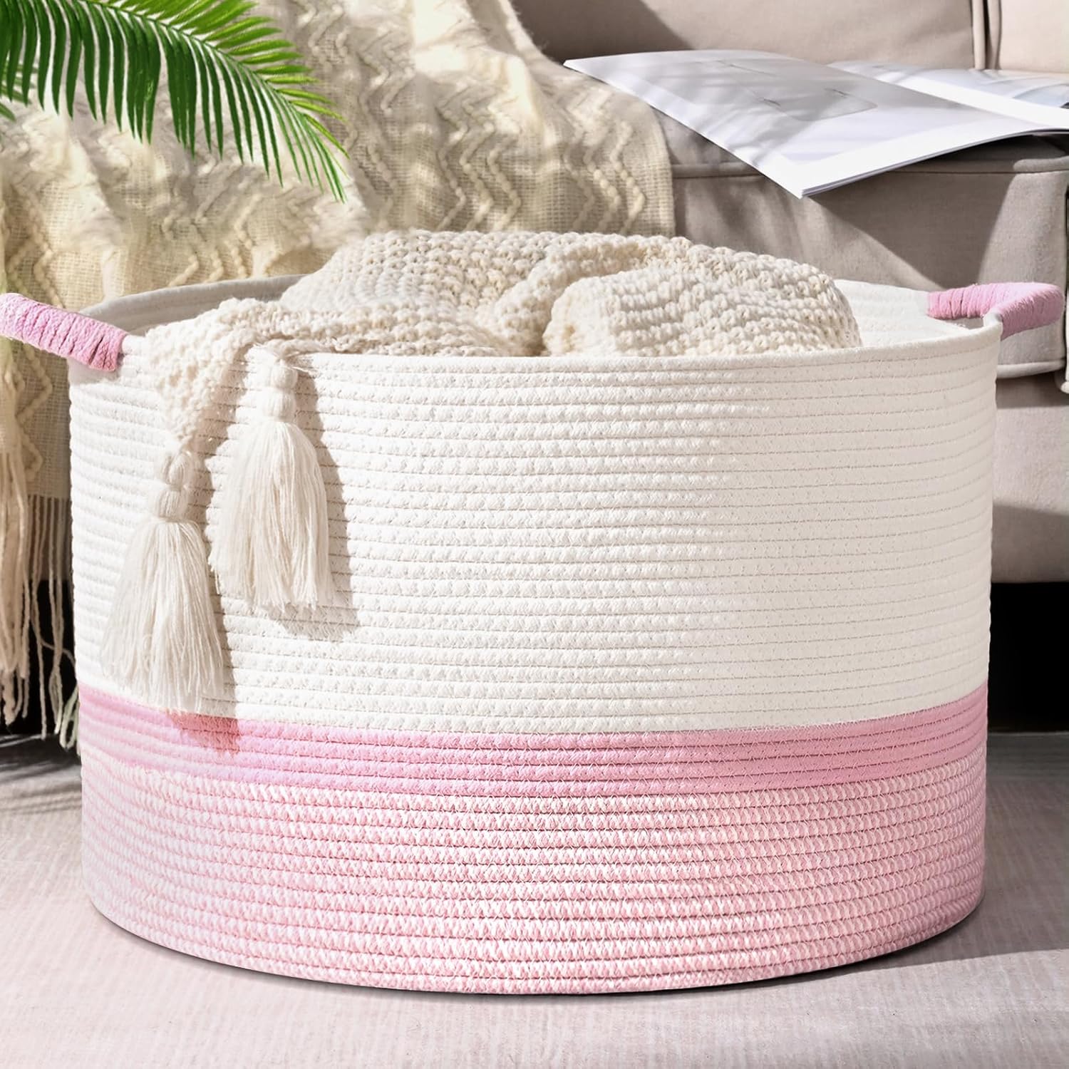 Boho Beige Throw Pillow — 20" — White & Pink