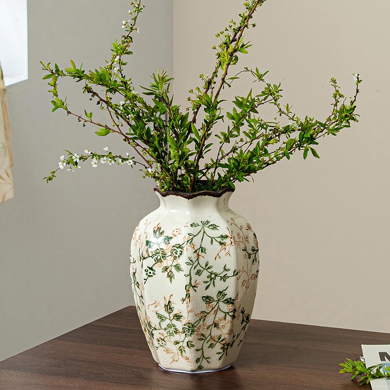 Vintage Farmhouse Beige Vase — 8" — 03-green and Beige