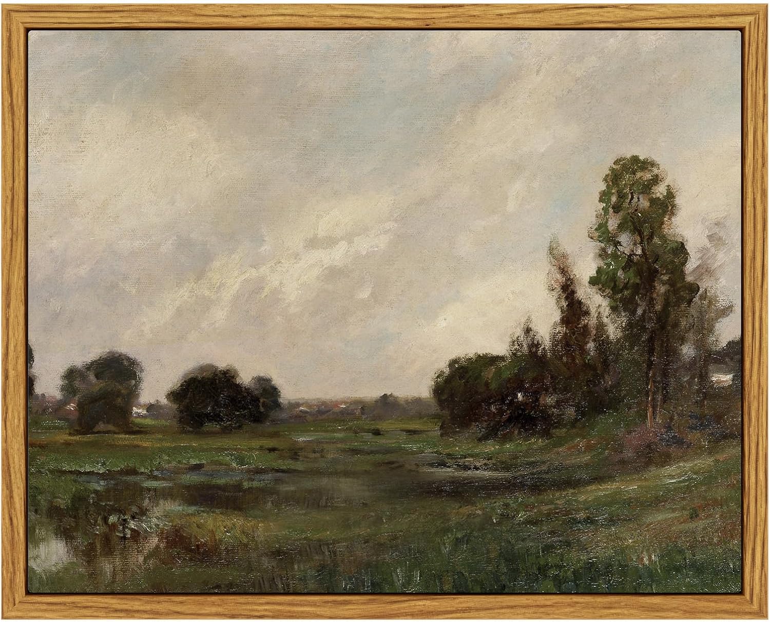 Framed Farmhouse Beige Canvas Wall Art — 24" — Countryside Marsh Landscape