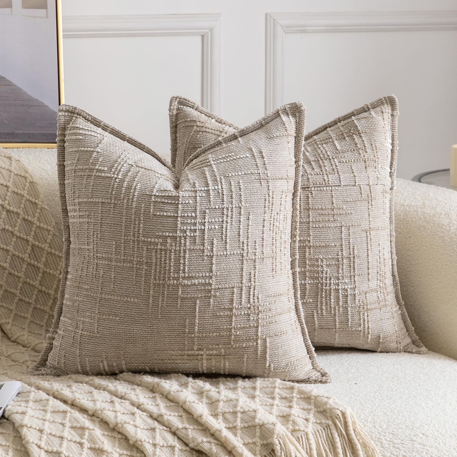 Chenille Boho Beige Throw Pillow Cover — 18" — Taupe