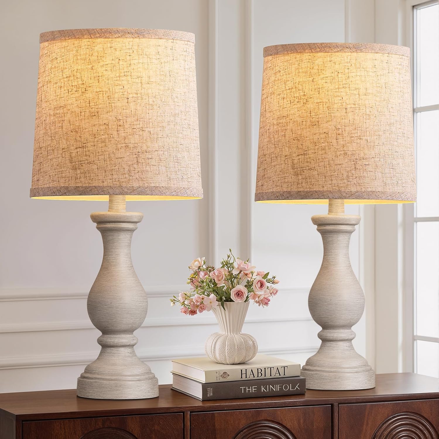 Linen Boho Black Bedside Lamp — 22" — A. Antique Grey