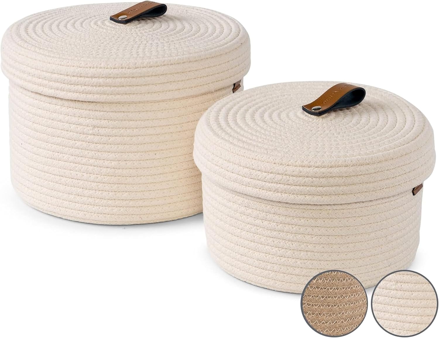 Round Boho Brown Woven Basket — Set of 2 — Off White
