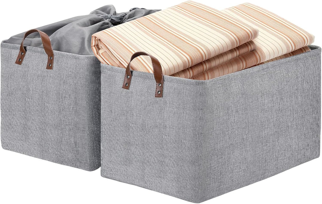 Beige Storage Basket — 17" — Grey-Leather Handles