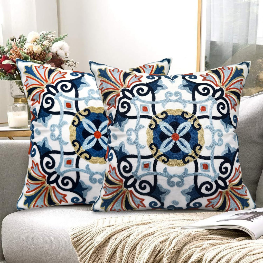 Embroidered Boho Blue Throw Pillow Cover — 18" - View 2