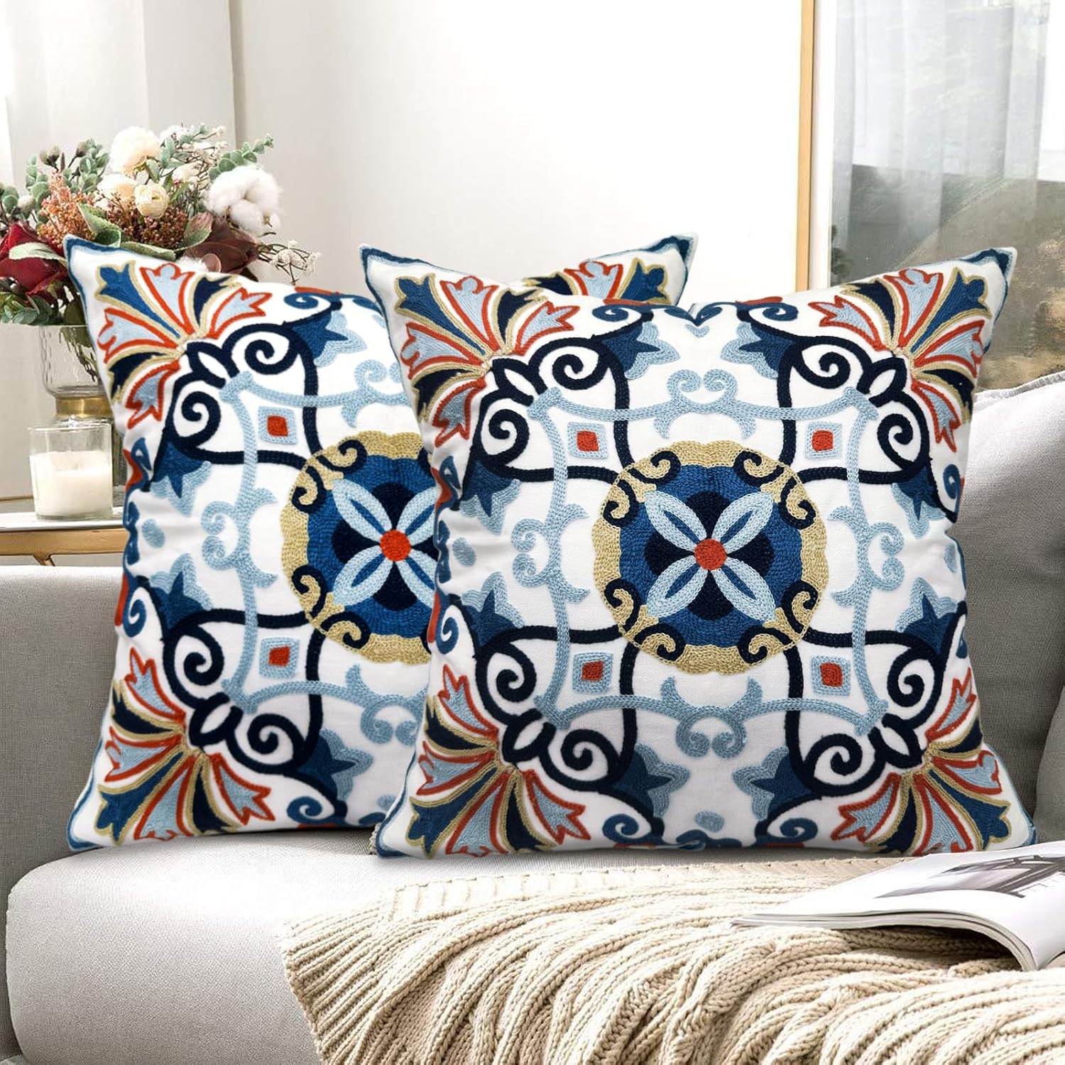 Embroidered Boho Blue Throw Pillow Cover — 18" - View 2