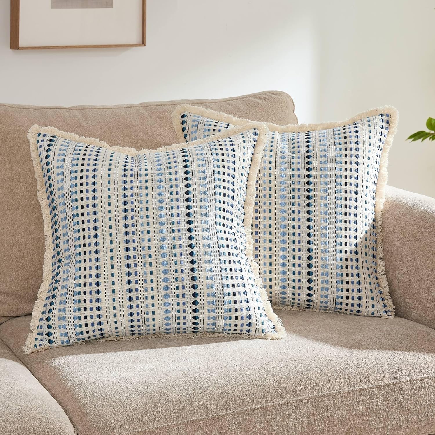 Embroidered Boho Beige Throw Pillow Cover — 20" — Blue
