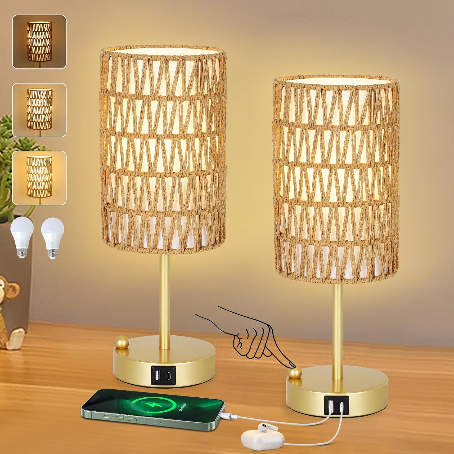 Dimmable Boho Black Desk Lamp — Gold-2pack