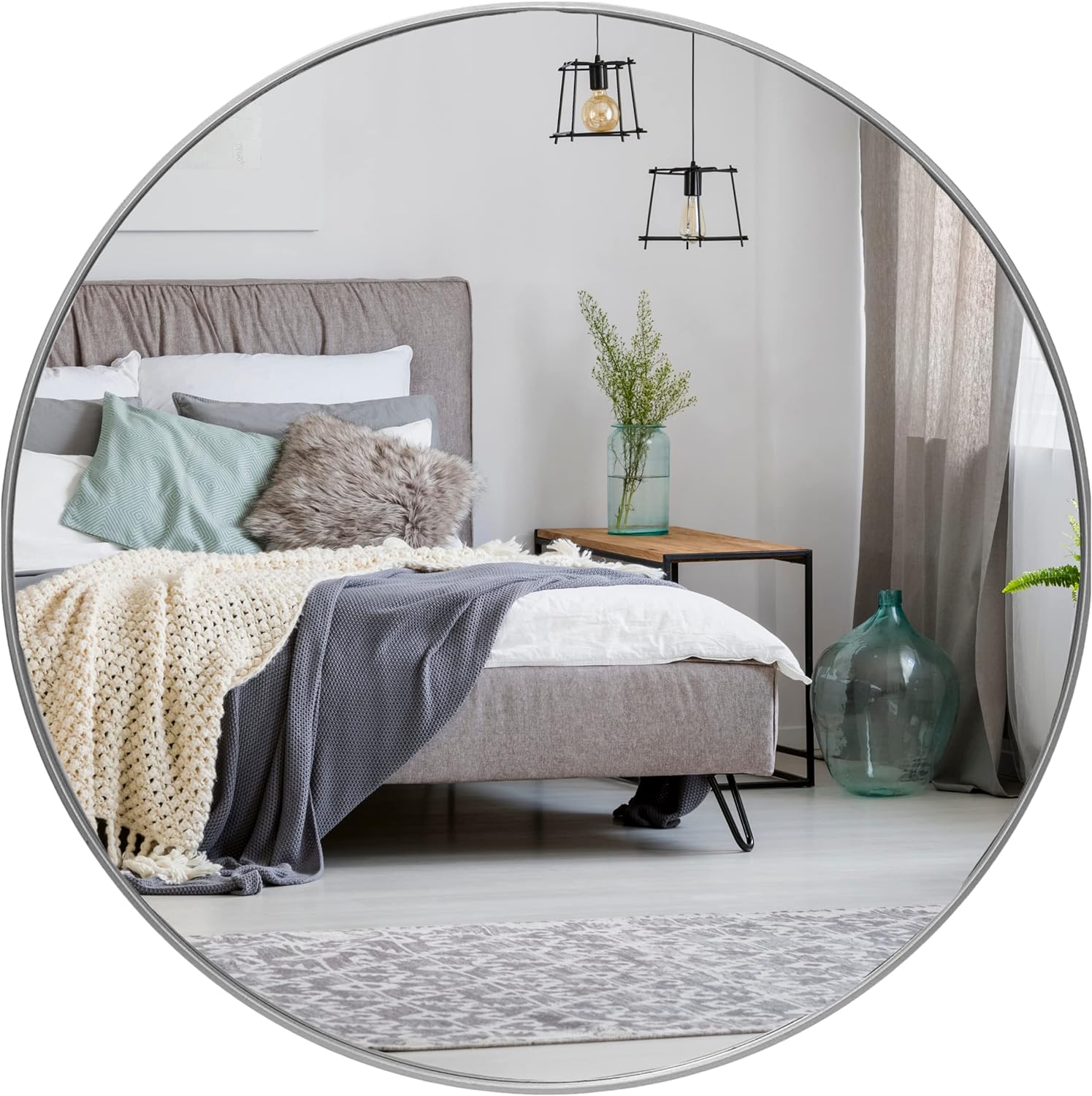 Round Boho Black Wall Mirror — 24" — Silver
