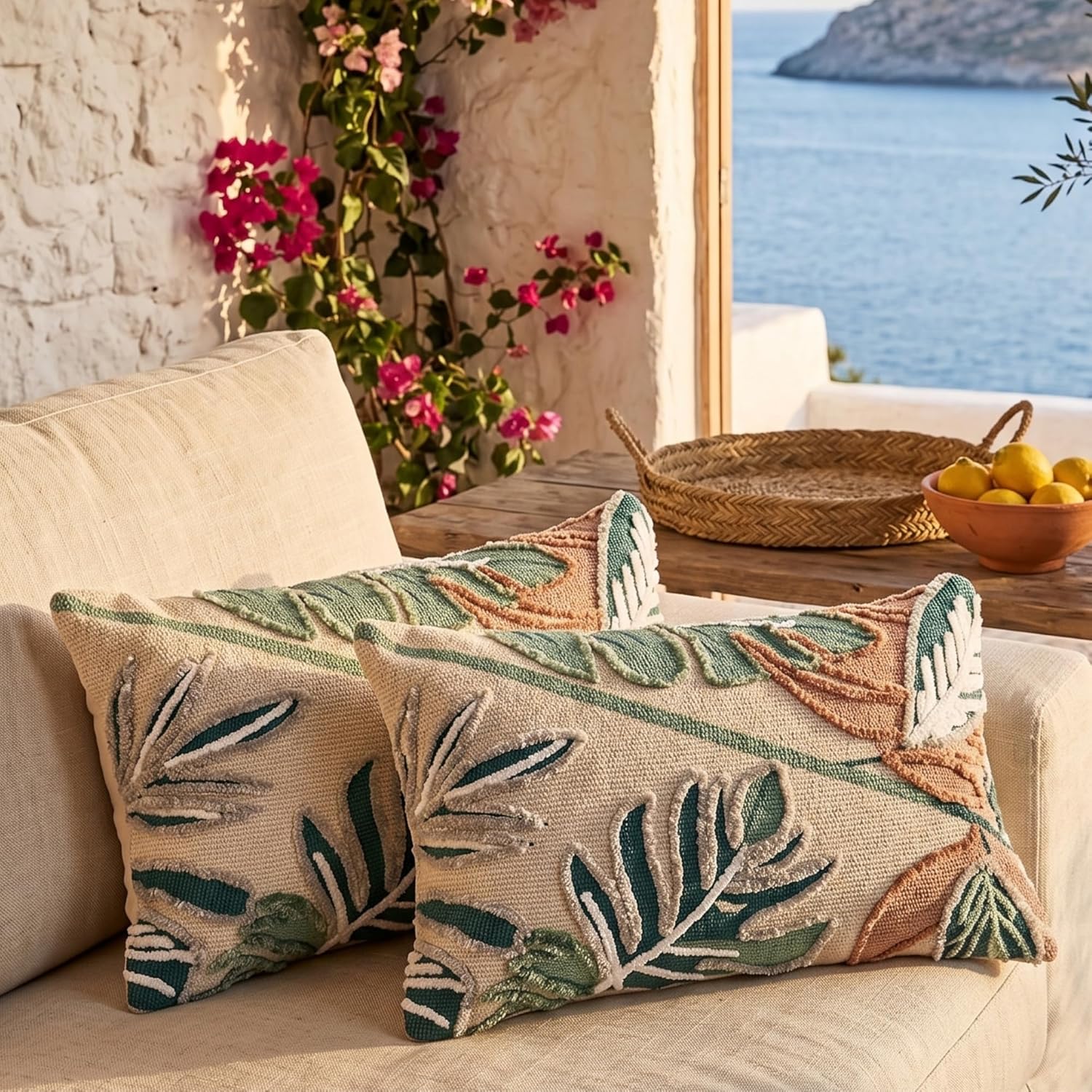 Tufted Boho Black Pillow Cover — 12x20 — Floral Set of 2