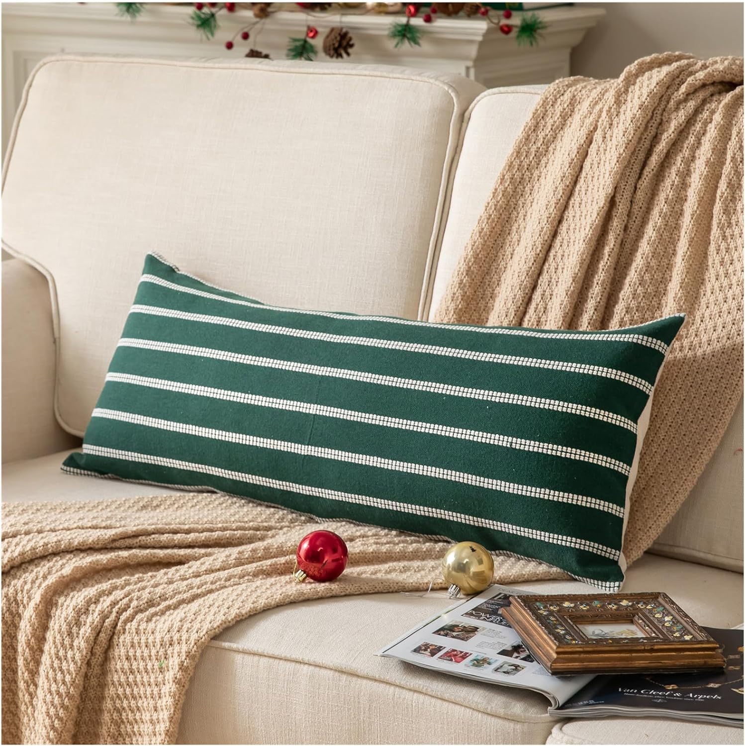 Boho Beige Throw Pillow Cover — 20" — Dark Green