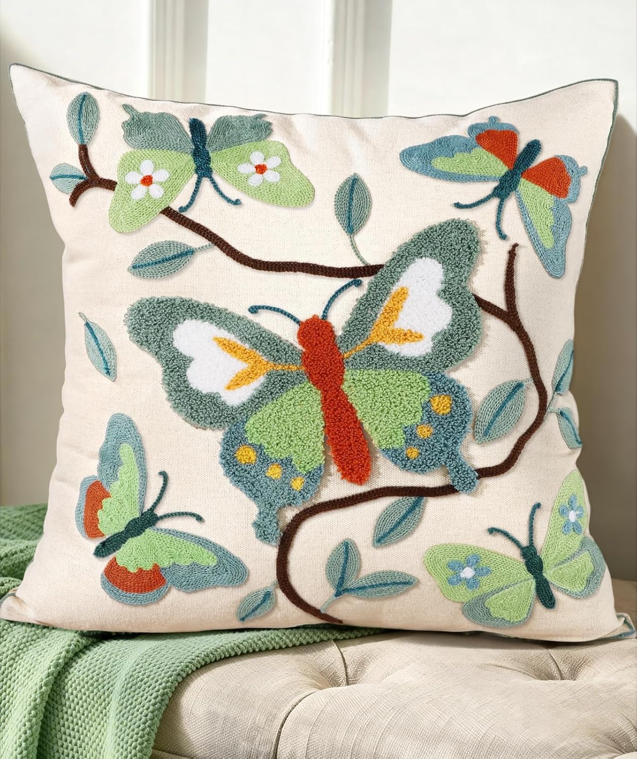 Embroidered Boho Red Throw Pillow Cover — 18" — Branch-butterfly