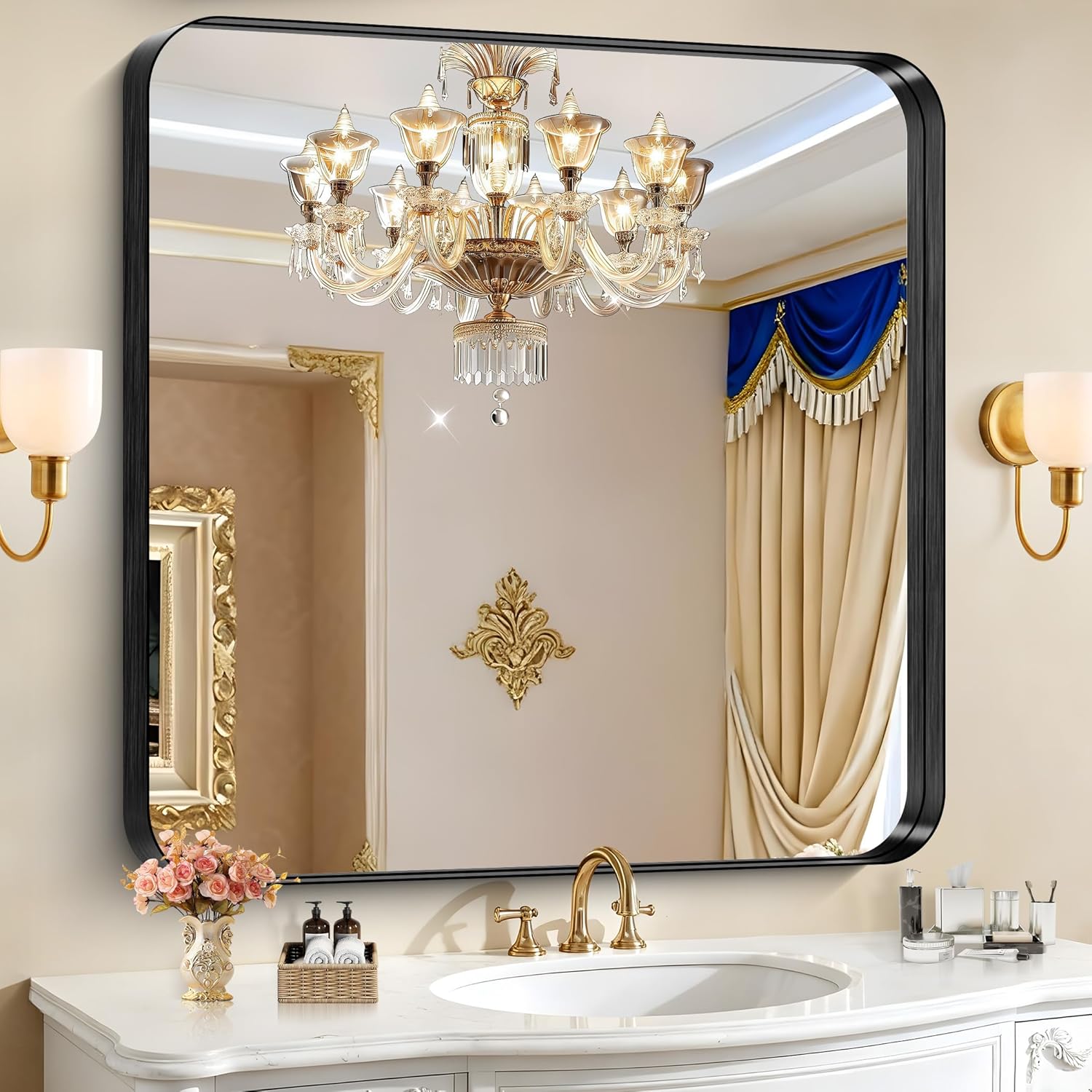 Rectangular Luxe Black Mirror — 30" — Rounded Corner Black