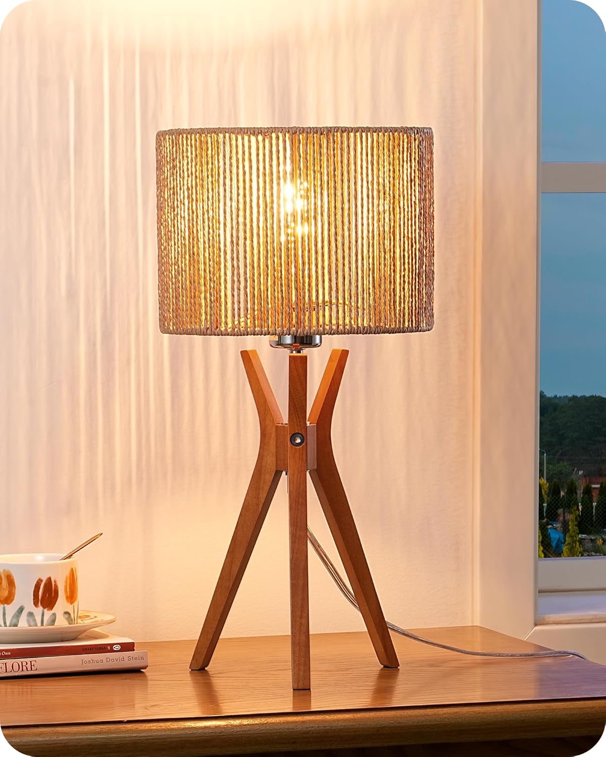 Linen Mid-Century Beige Bedside Lamp — 17.5" — Vertical Stripes