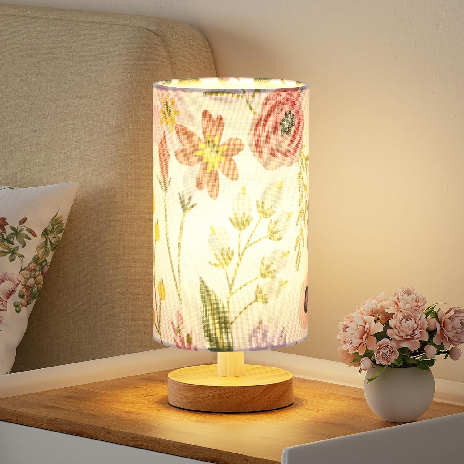 Beige Bedside Lamp — 9" — Floral White Shade