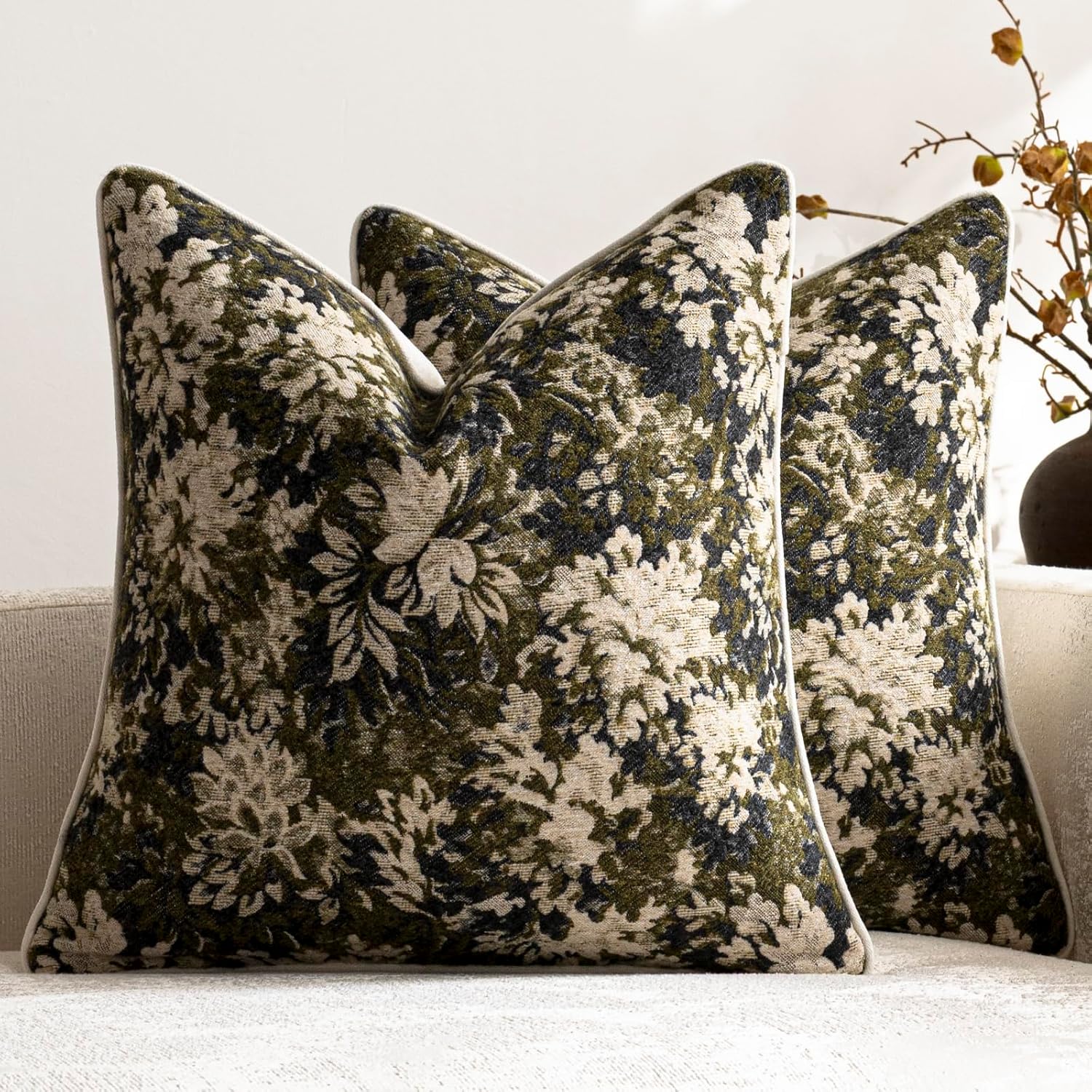 Chenille Boho Beige Throw Pillow — 26" — Olive Green