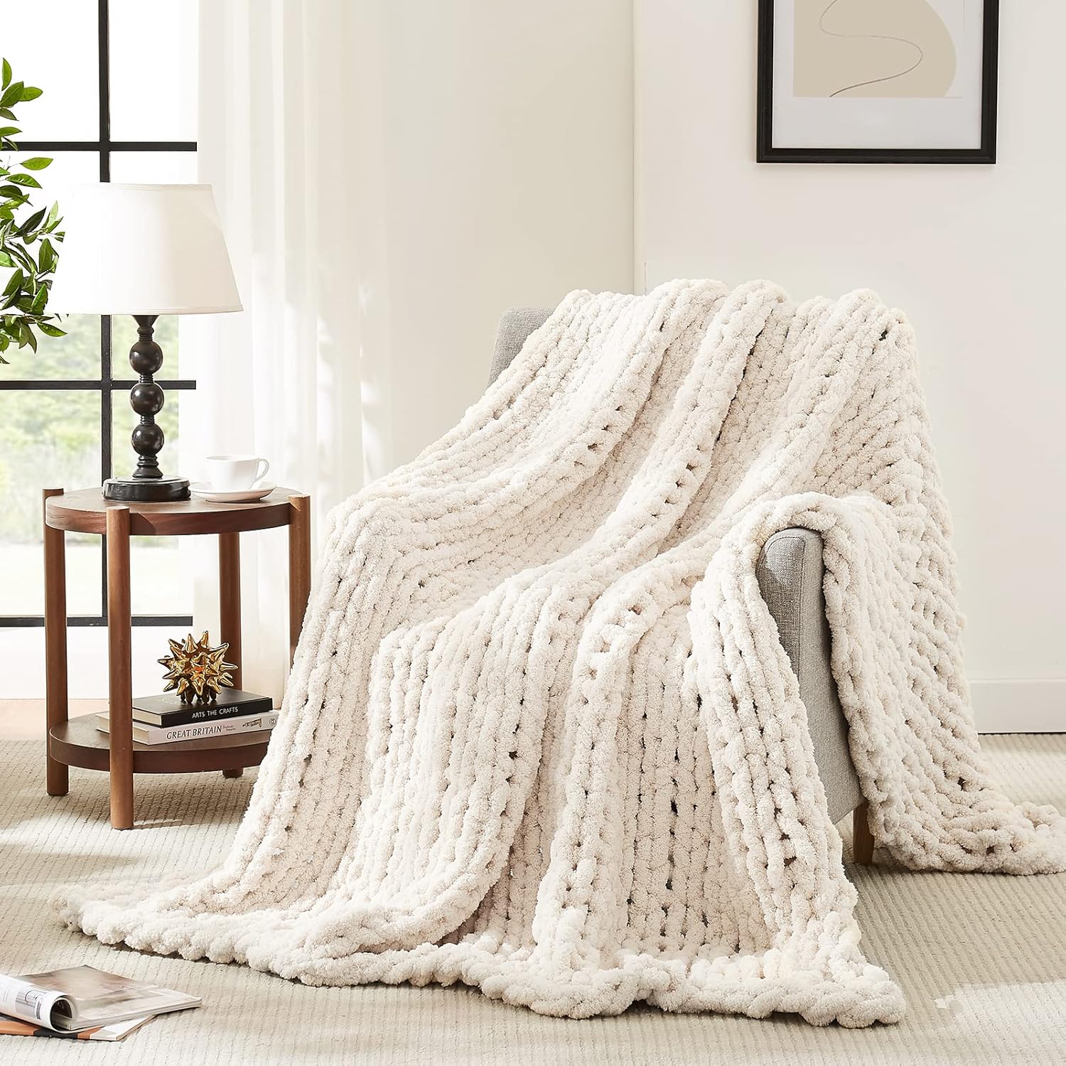 Knit Beige Throw Pillow — 50" — Ivory