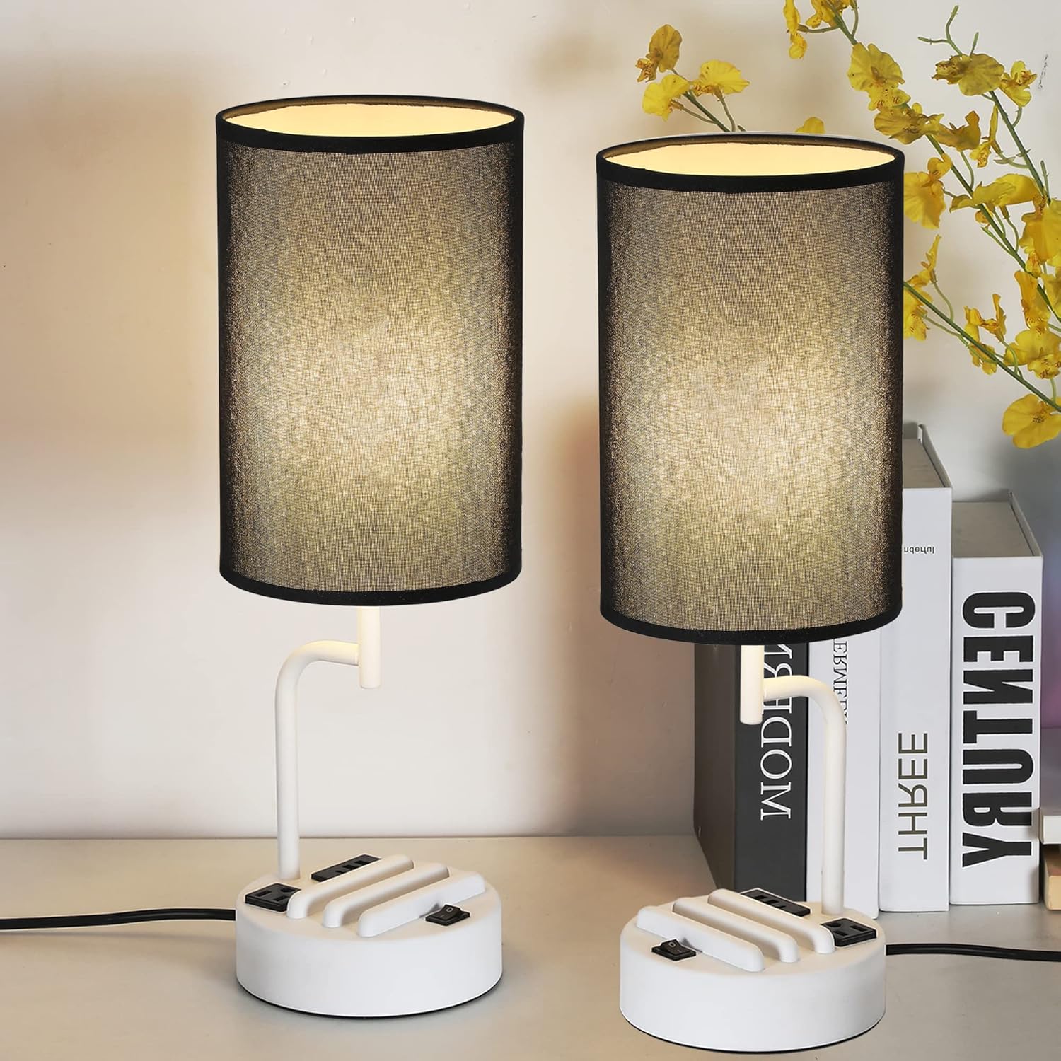 USB Charging Modern Beige Bedside Lamp — Set of 2 — Black+White