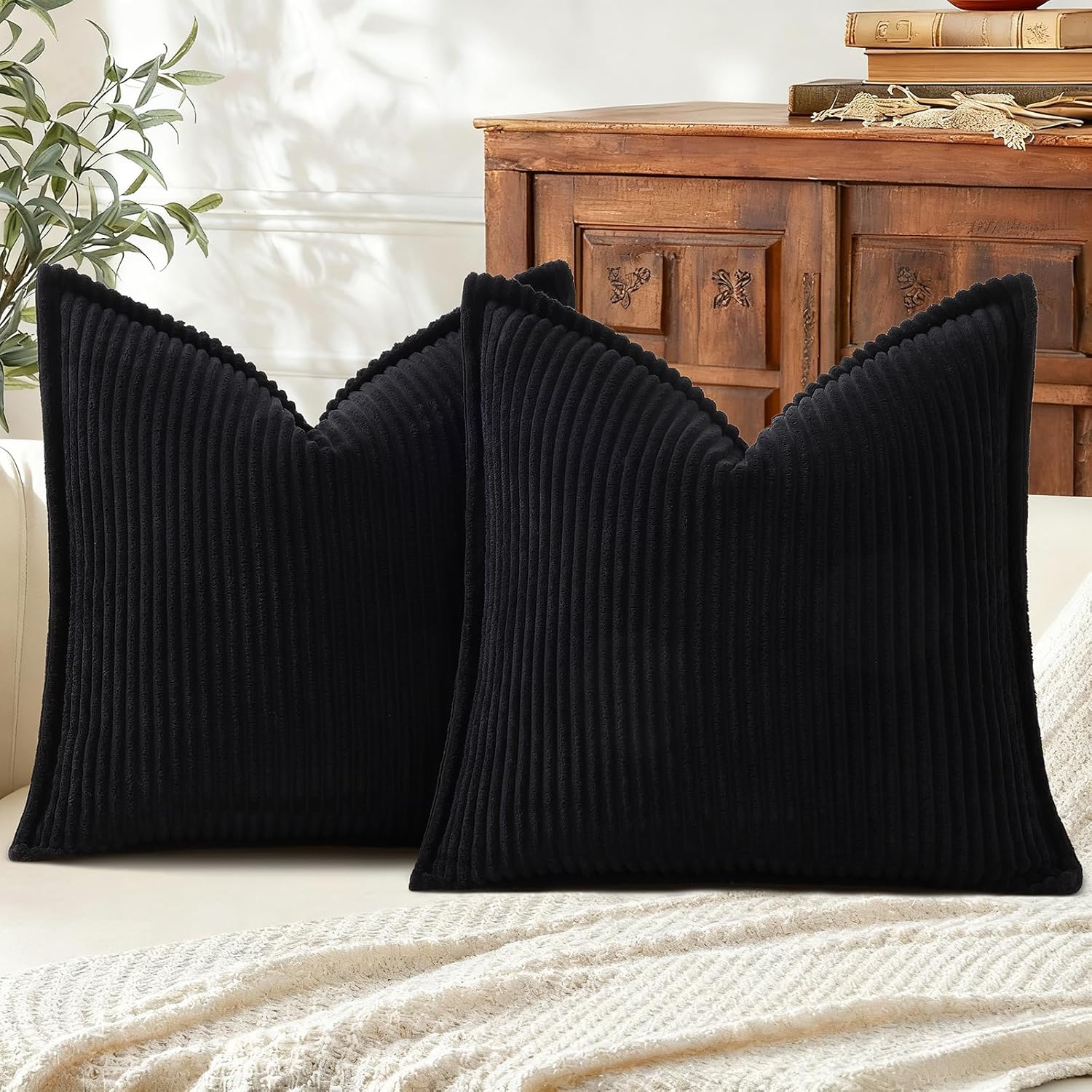 Boho Beige Throw Pillow Cover — 18" — Black
