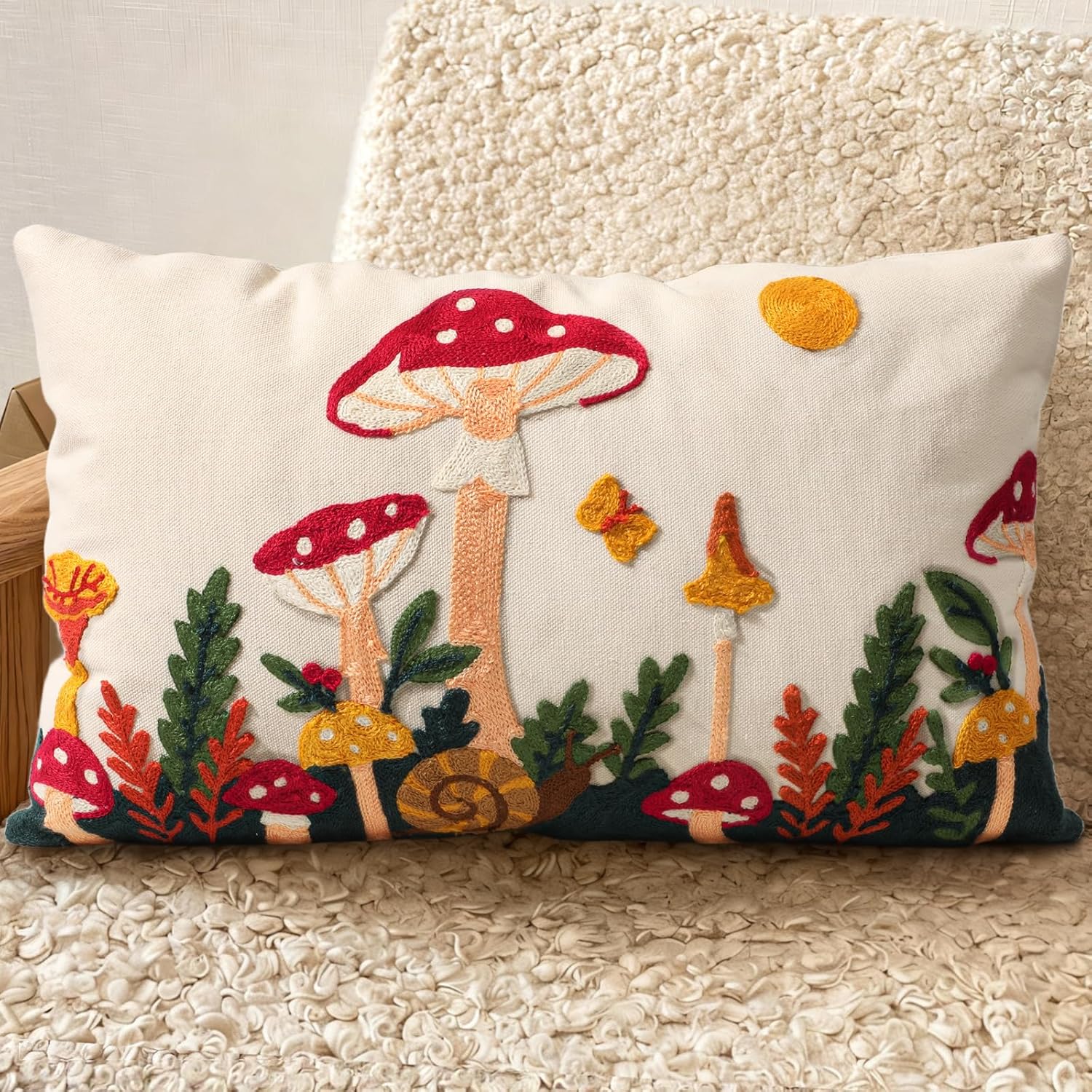 Embroidered Boho Red Throw Pillow Cover — 18" — Mushroom Moon