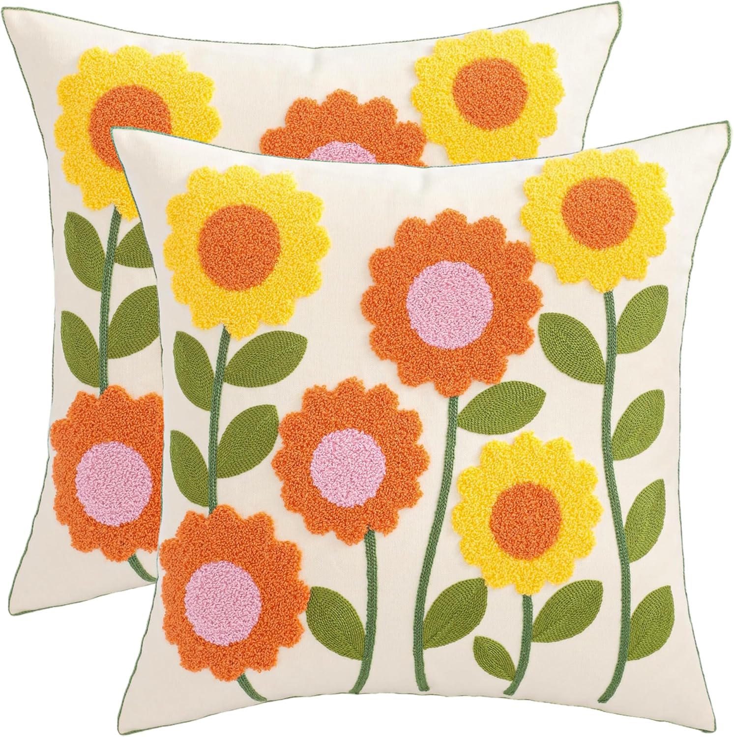Embroidered Boho Blue Throw Pillow Cover — 18" — Orange Sunflower