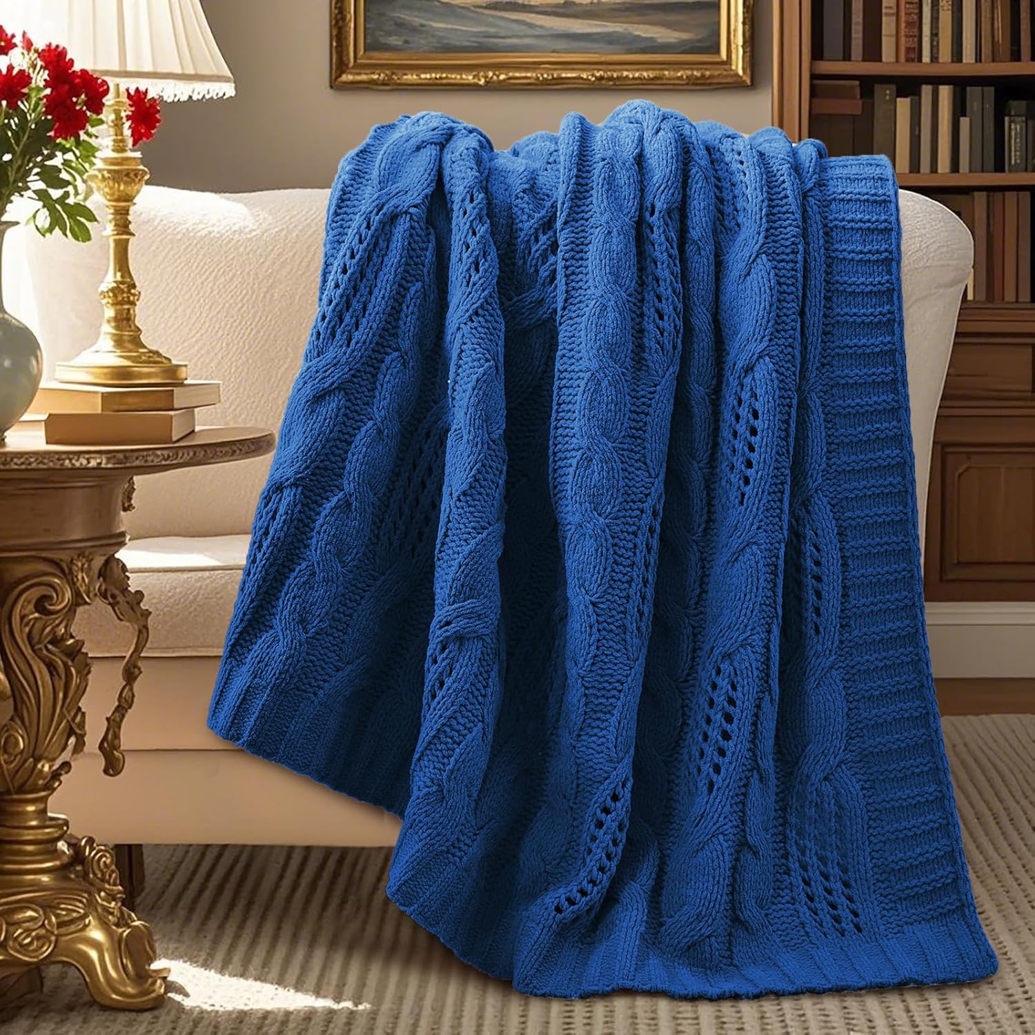 Knit Farmhouse Beige Throw Pillow — 50" — Blue