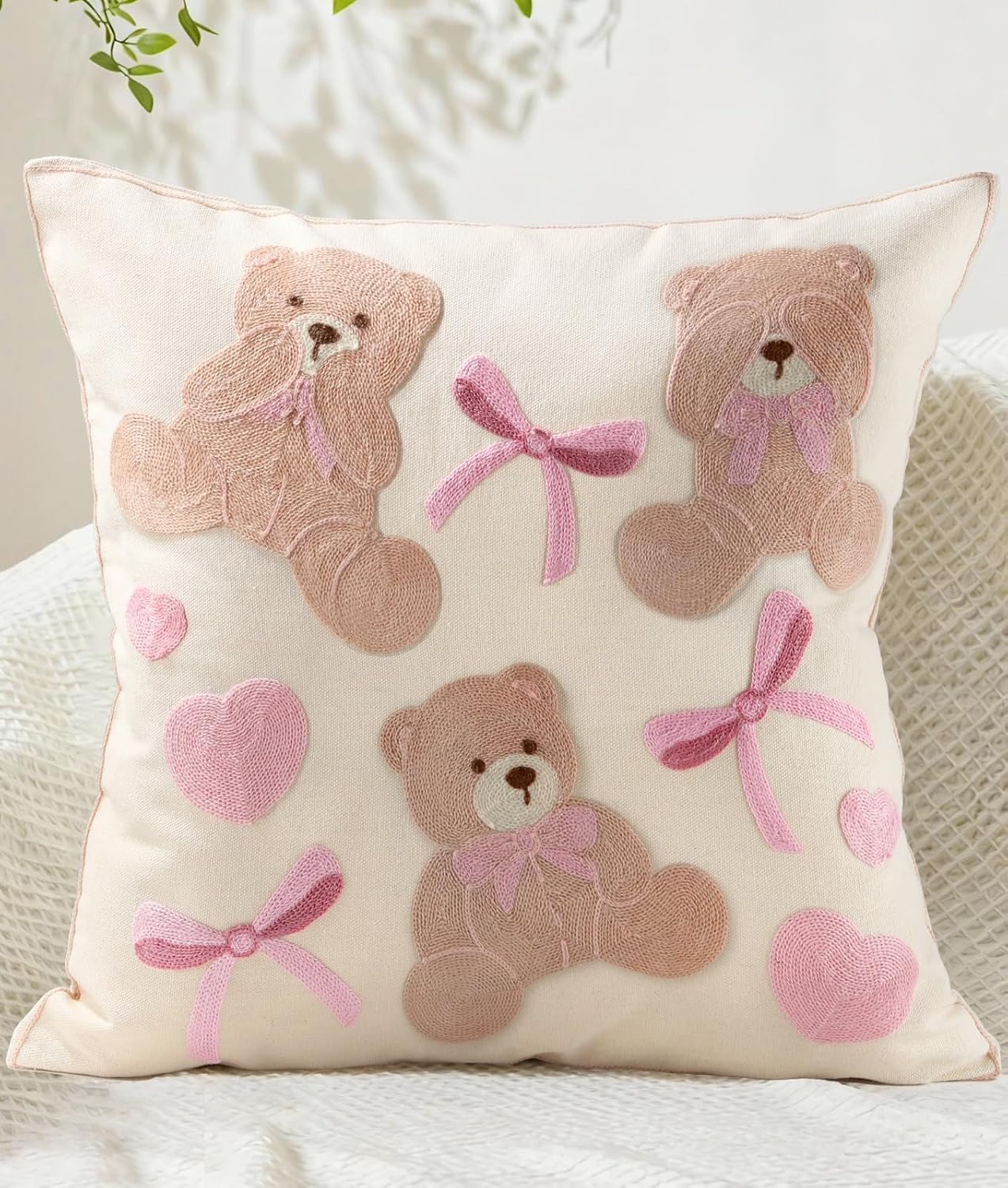 Embroidered Boho Fabric Throw Pillow Cover — 18" — Bear